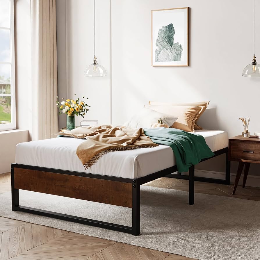 ベッドフレーム bed frame with mattress VECELO Bed Frame White Metal Frame Queen Size Platform Bed