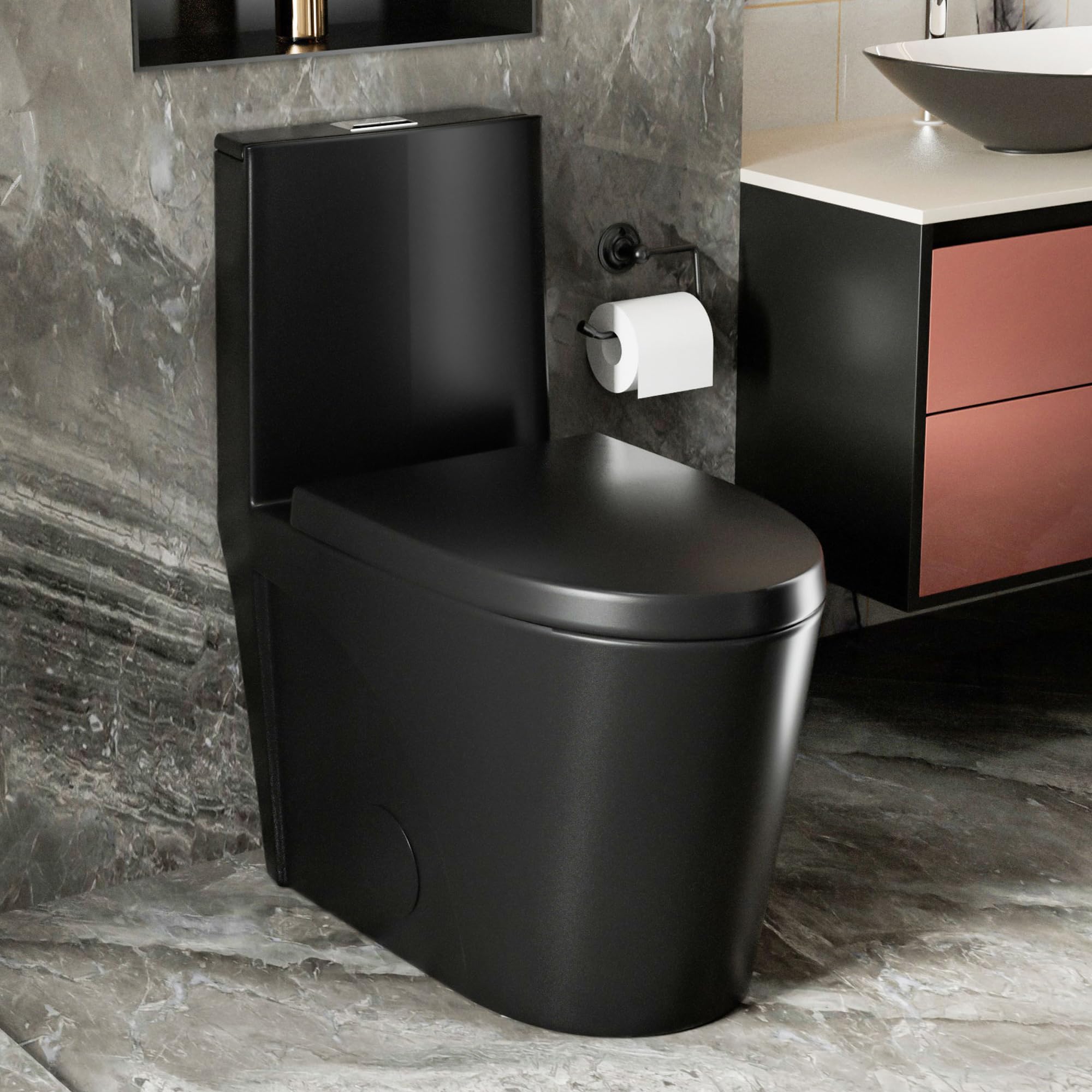 Elongated One Piece Toilet Dual Flush 1.1/1.6 GPF Powerful & Quiet, Standard Modern Toilets for Bathrooms Compact Commercia 12 inch Rough In Toilet (Black, T01)