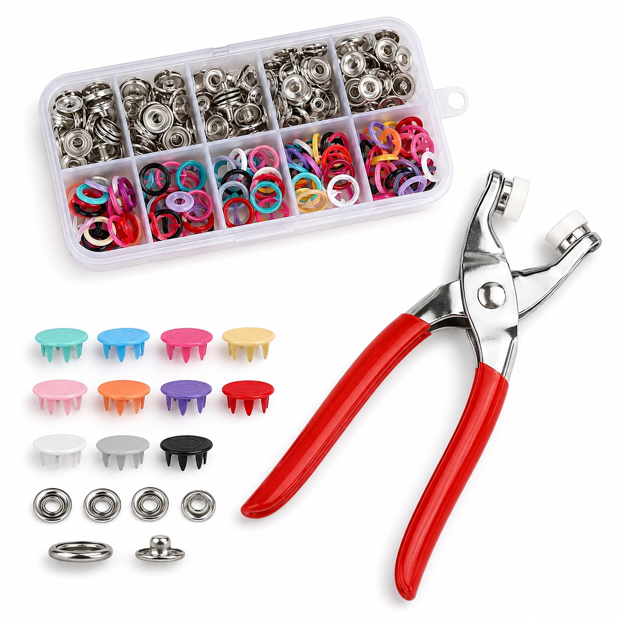 Snap Button Fastener Kit 100 Sets - Colorful Metal Poppers Fasteners with Pressure Pliers - No Sewing Five Claw Buttons for DIY Clothing Bags Crafts Handmade (10 Colors)