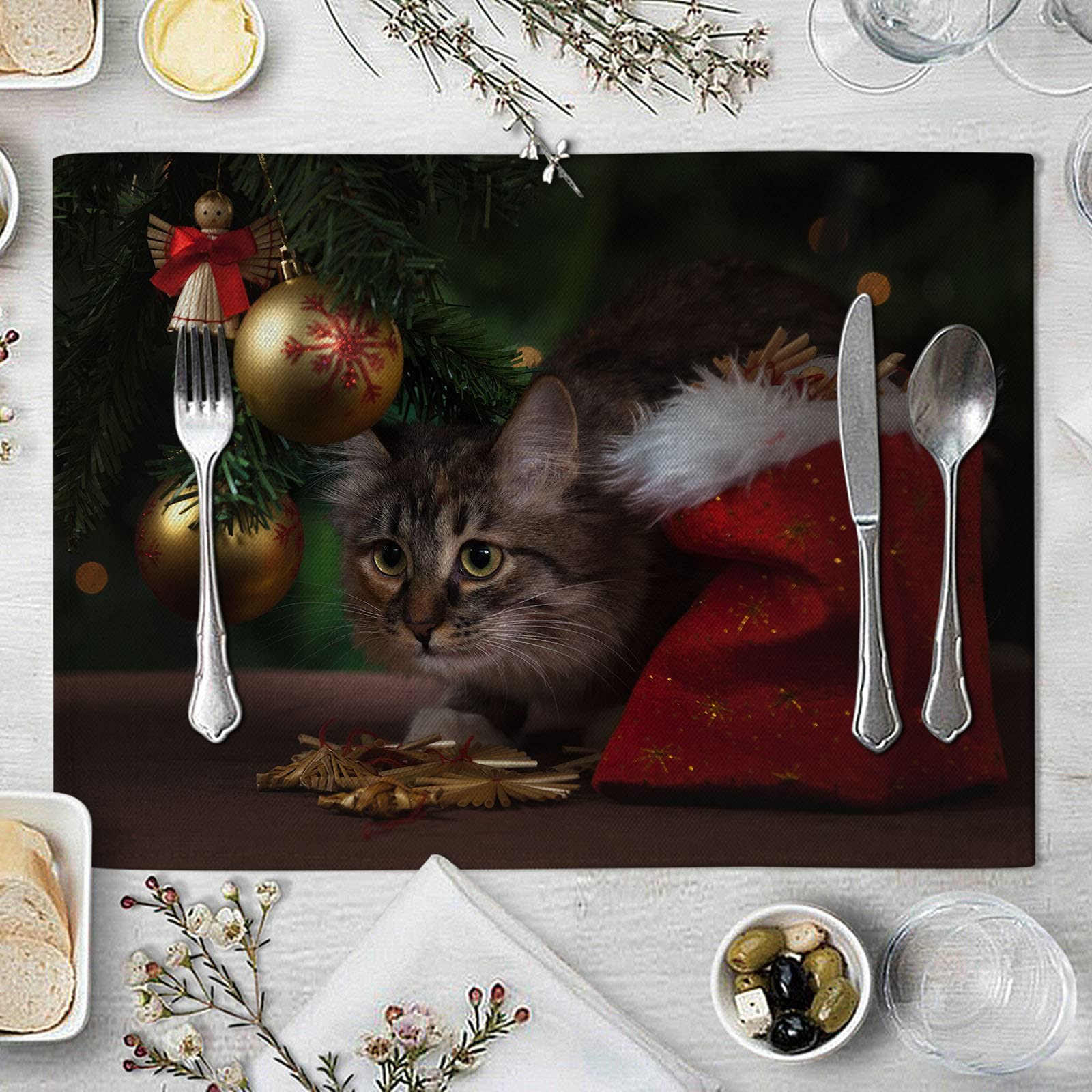 Aeici Juego de 8 manteles individuales para mesa de comedor, decoración navideña de gato, 32 x 42 cm, para fiesta de Navidad, hogar