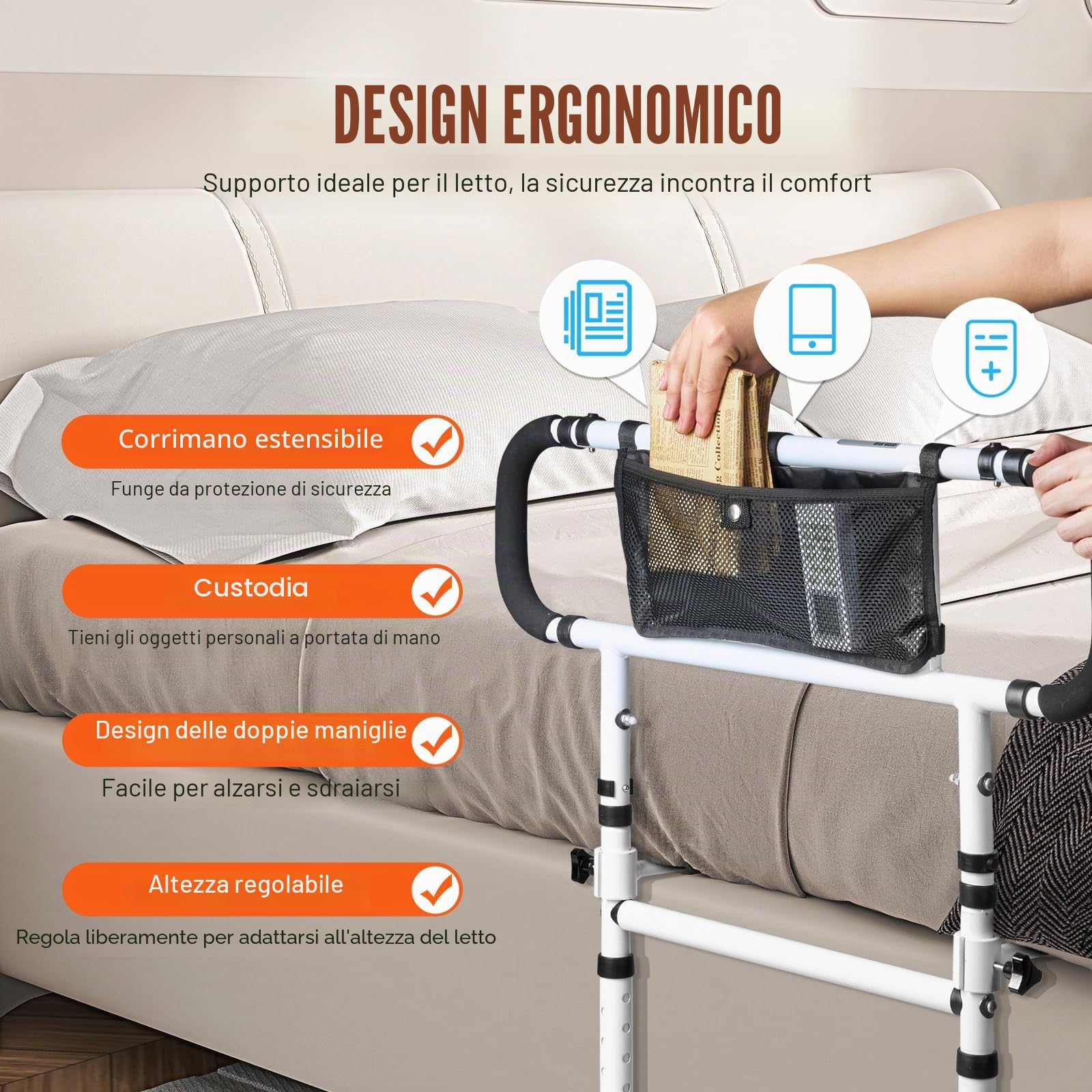 VEVOR Supporto del Letto Pieghevole a 180° Protezione Laterale del Letto di Sicurezza Carico max. 204 kg, Maniglia Regolabile a 4 Livelli con Tasca di Stoccaggio per Letto Matrimoniale King Queen Size