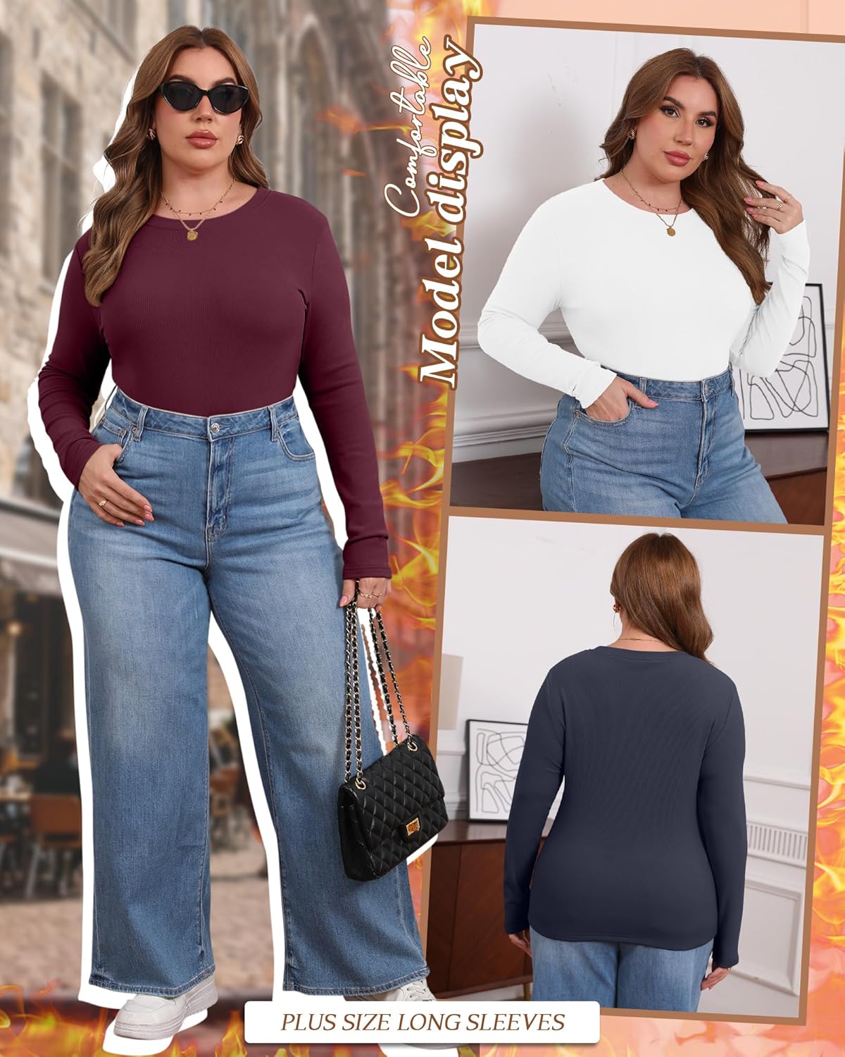 4 Pack Women's Plus Size Long Sleeve Thermal Shirts Cotton Crew Neck Fleece Lined Tops Slim Fit Winter Undershirt - Image 5