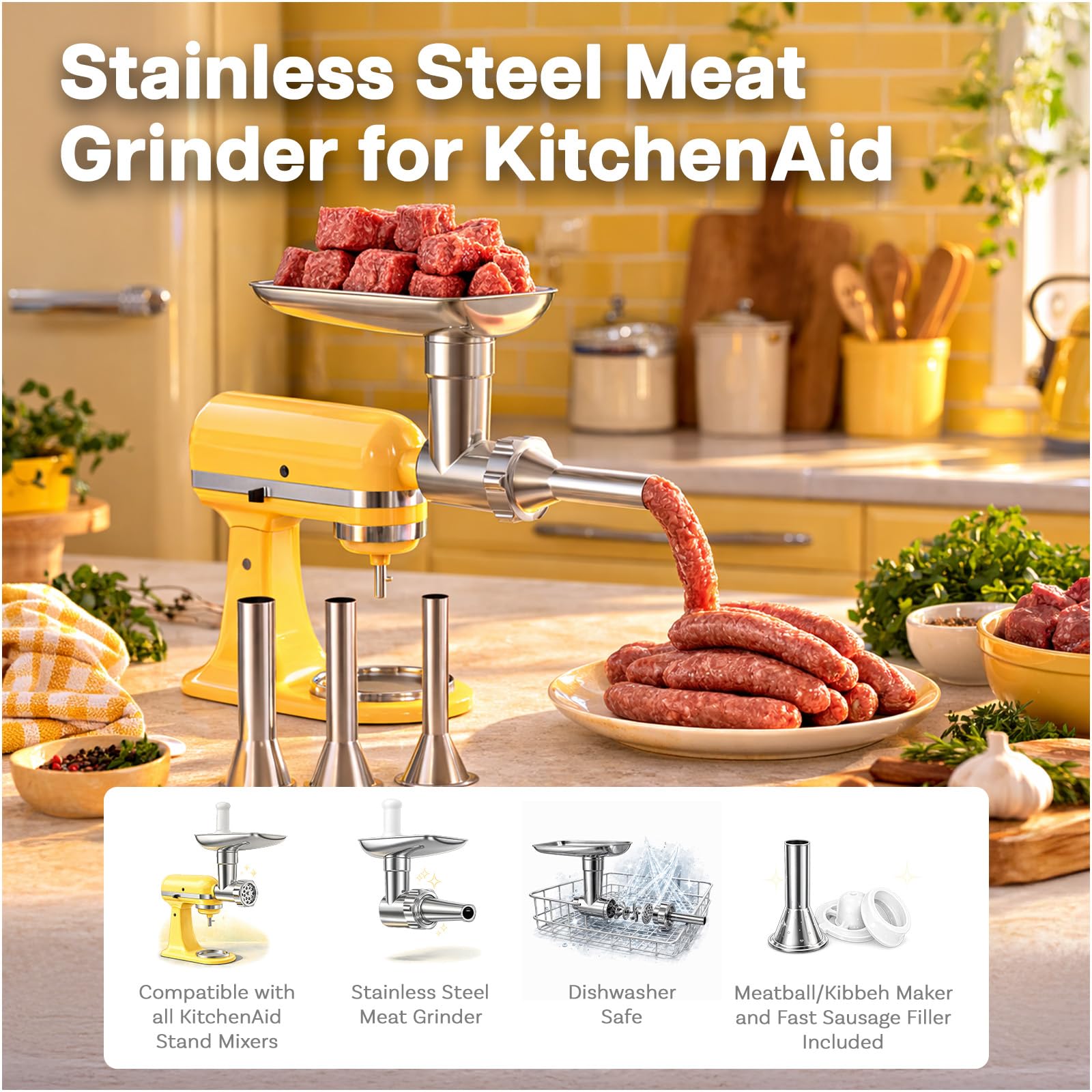 Akcesoria do rozdrabniania mięsa RVS pasujące do blendera kuchennego KitchenAid, akcesoria do urządzeń kuchennych z 4 tarczami mielącymi, 3 foremkami do kiełbasek, 2 ostrzami mielącymi i 1 foremką do