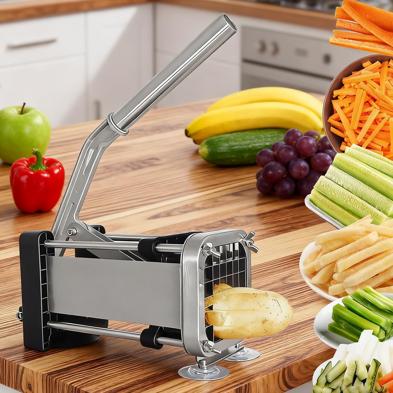Pommes-Schneider Edelstahl Schneider Häcksler für Gemüse Gurken Karotten | Kartoffelschneider Pommes Presse Küchenhelfer Schneidgerät für Salat, Zuhause, Gastronomie, BBQ, Camping, Haushalt