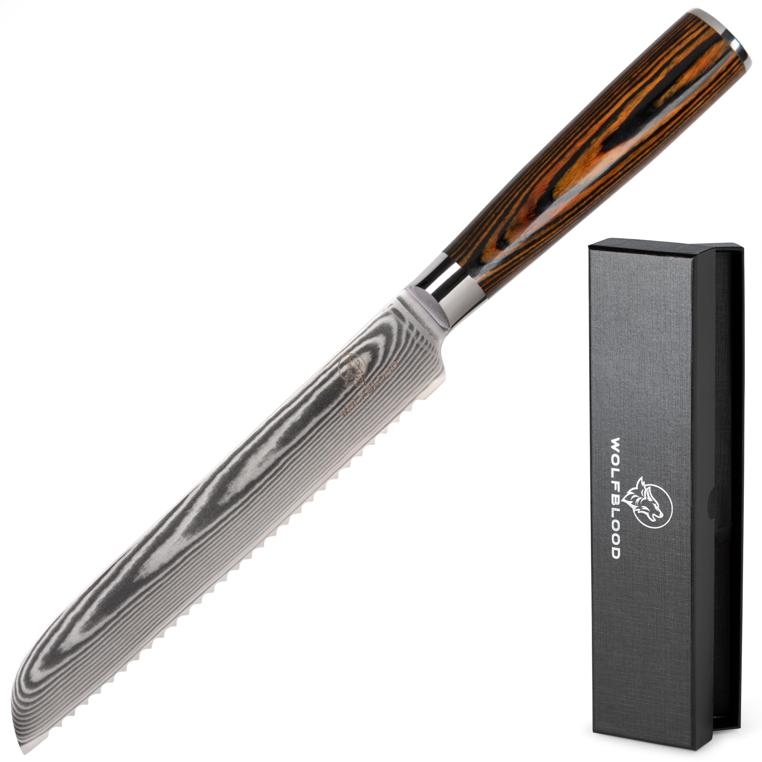 Wolfblood Damastmesser Brotmesser XL (32 cm) TÜV geprüfter 62 HRC Damaststahl aus 67 Lagen mit Wellenschliff I Damast-Brotmesser I Profi Küchenmesser mit Holzgriff Geschenkbox und Klingenschutz