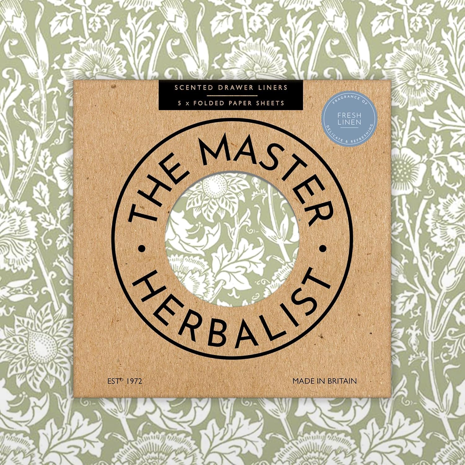 The Master Herbalist Fragrant Fresh Linen Scented Drawer Liners in a SAGE Green | William Morris Design| Pack of 5 Sheets (Folded) | Contains Essential Oils | Made in The UK