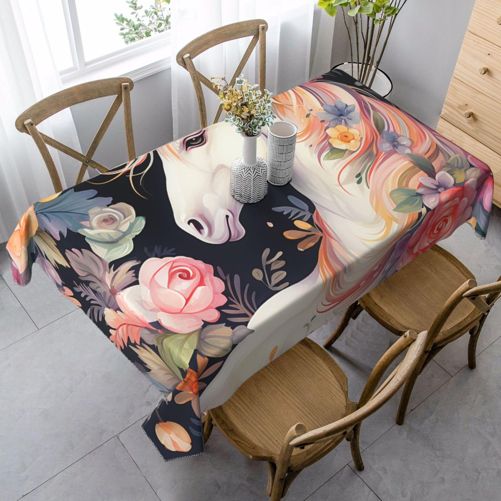 Flower And Unicorn Rectangle Tablecloth 35x55 Inch, Washable Reusable Farmhouse Table Cloths Wrinkle Free And Spillproof Kitchen Dinning Table Cover For Party Wedding Picnic Home Decor Tablecloths