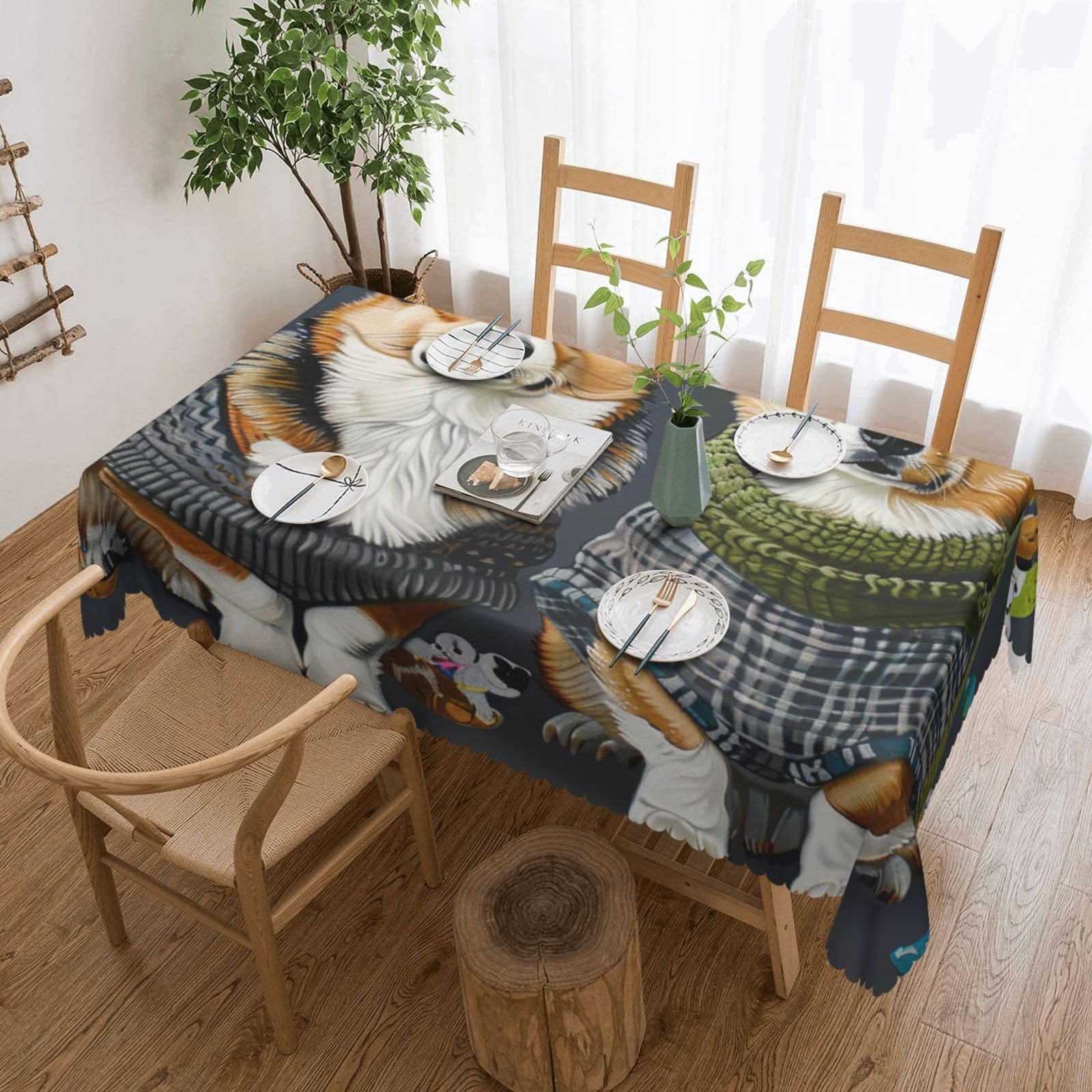 WPKJU Wearing Clothes Corgi Dogs Printed Rectangle Tablecloth 72x54 Inch with Lace Trim, Water-Resistant Washable Table Cover for Farmhouse Weddings, Outdoor Picnics & Holiday Dining