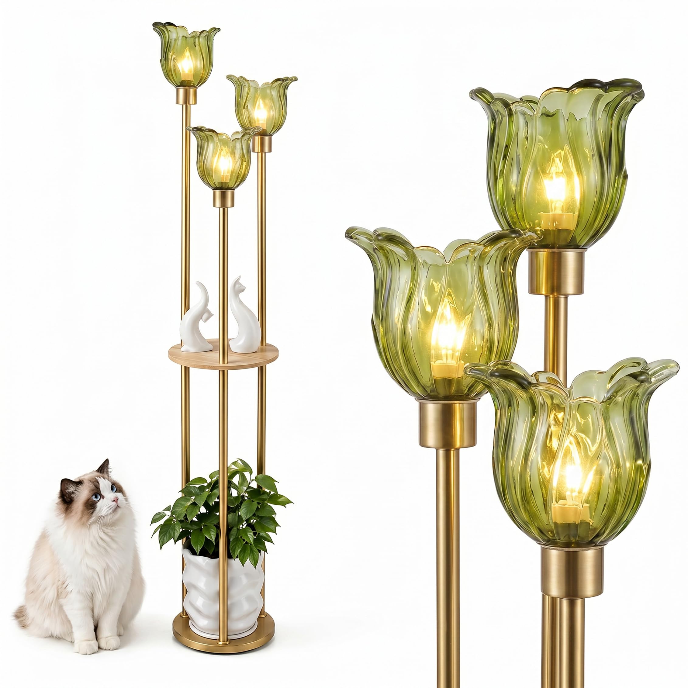 Photo 1 of CAUTION BROKEN GLASS........................Fiqevs Crystal Floor Lamp with Shelves, 3-Light Gold Standing Lamp with Green Crystal Glass Shades and Oak Shelf, Mid-Century Modern for Living Room Bedroom