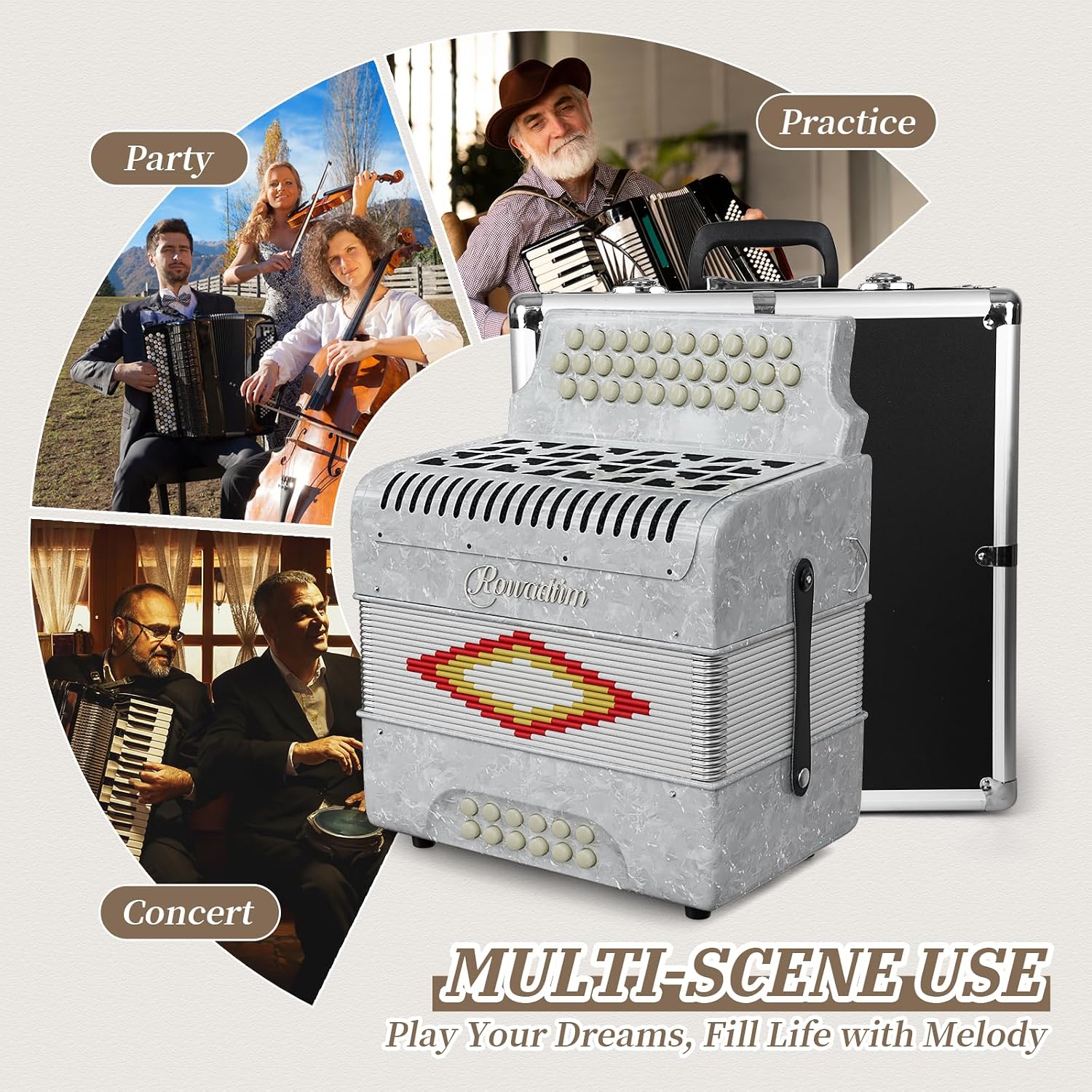 Accordions,31-key 12-bass diatonic accordion, ideal for beginners; tuned to F/B/E, perfect for musicians and teachers; comes with a carrying case, shoulder strap, gloves, and a Polishing Cloth(White)