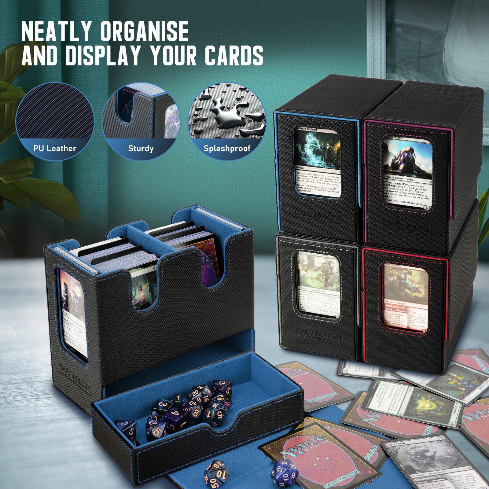 TiMOVO MTG Scatola del Mazzo di Carte Commander con Comandante del Display e Vassoio per Dadi Adatto a 400+ carte non sfoderate, Custodia magnetica in pelle per carte per TCG CCG Magic Cards,Nero+Blu