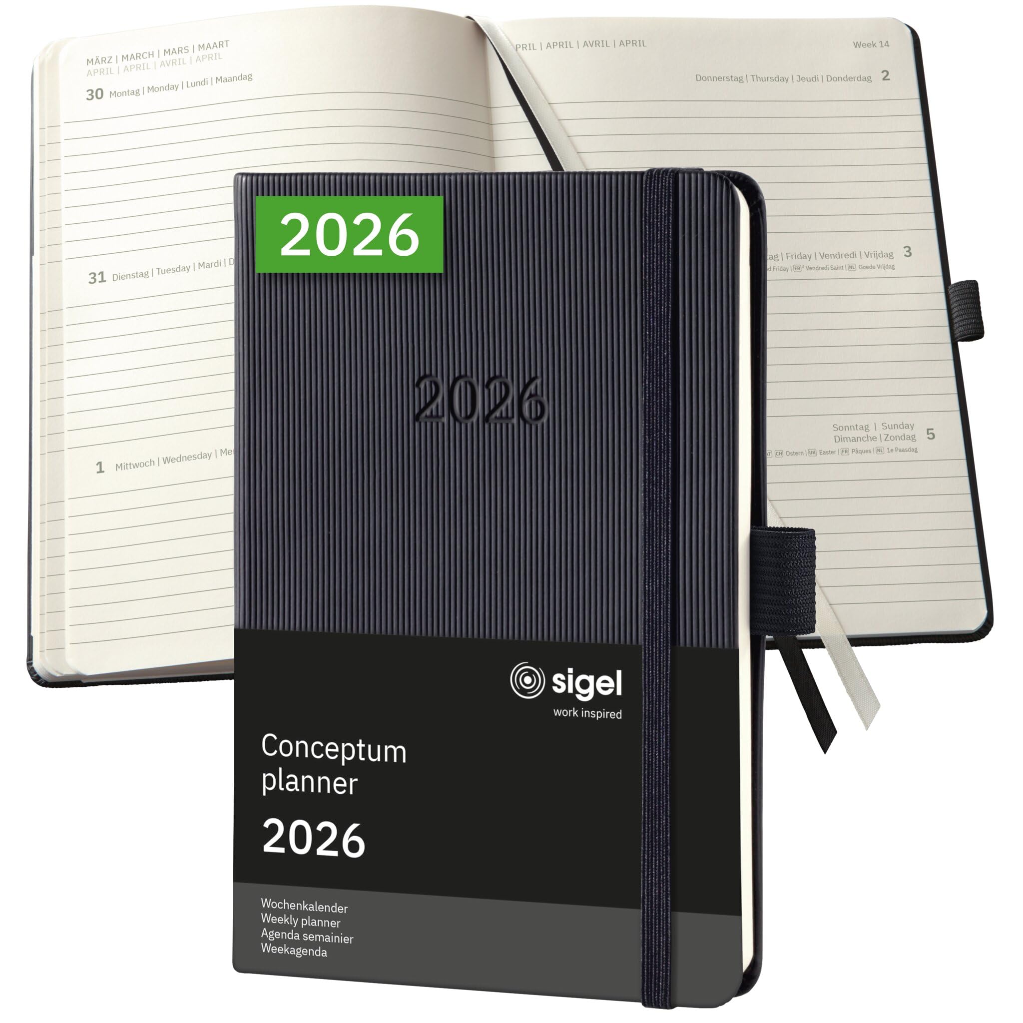 SIGEL C2613 Wochenplaner Wochenkalender 2026, ca. A6, schwarz, Hardcover, 176 Seiten, Gummiband, Stiftschlaufe, Archivtasche, aus nachhaltigem Papier, Kalenderbuch Conceptum