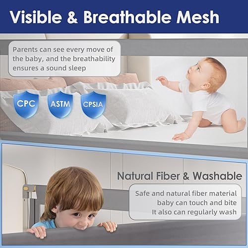Miniatura 4 de Riel de cama para niños pequeños, rieles de cama de elevación de doble lado y altura ajustable para cama Queen, material de fibra seguro y natural