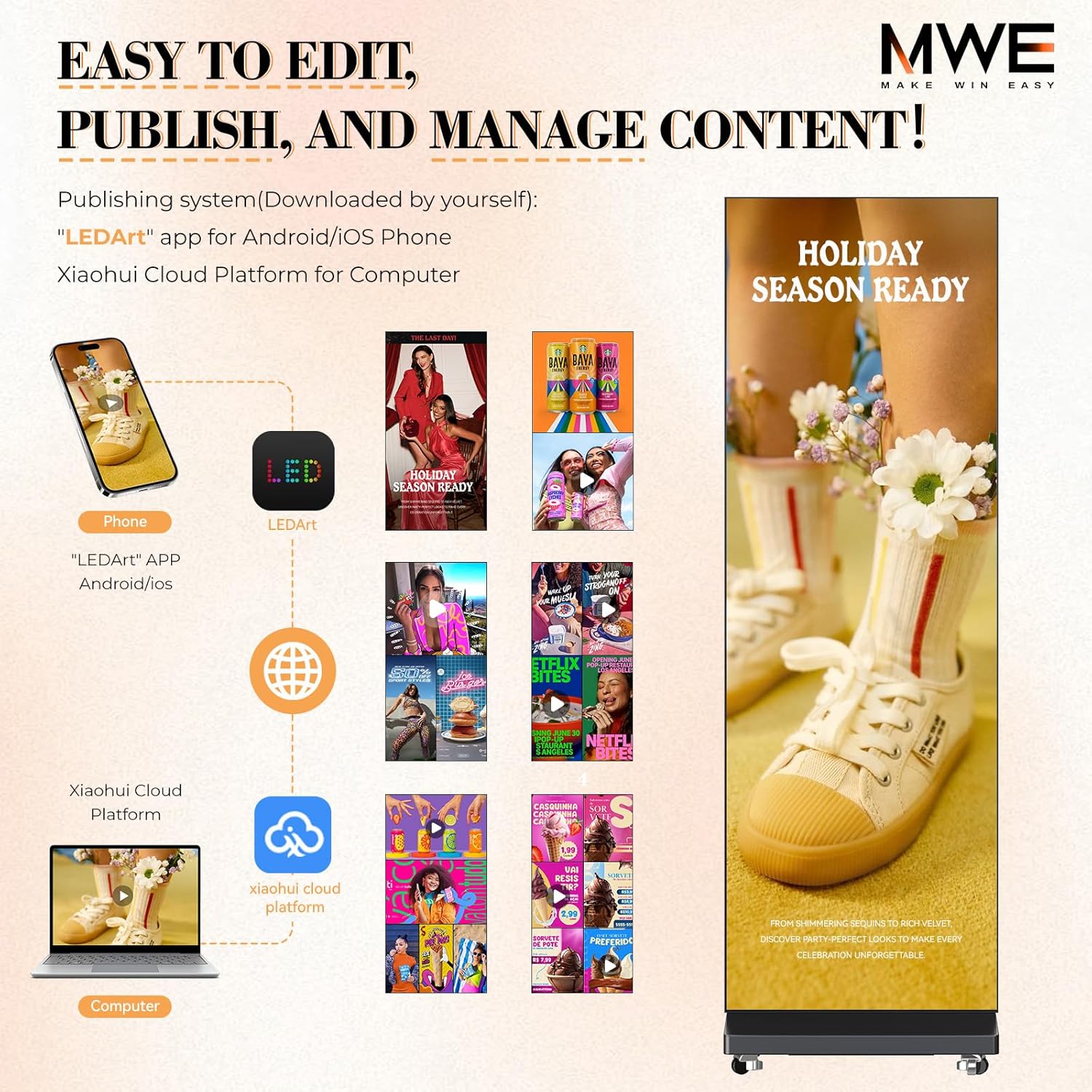 MWE LED Digital Signage Display with Flight Case, P1.86 Spliceable LED Poster Screen with Publishing System, Foldable Advertising Display Kiosk for Events and Rentals, WiFi/USB/HDMI (1 Panel), Black