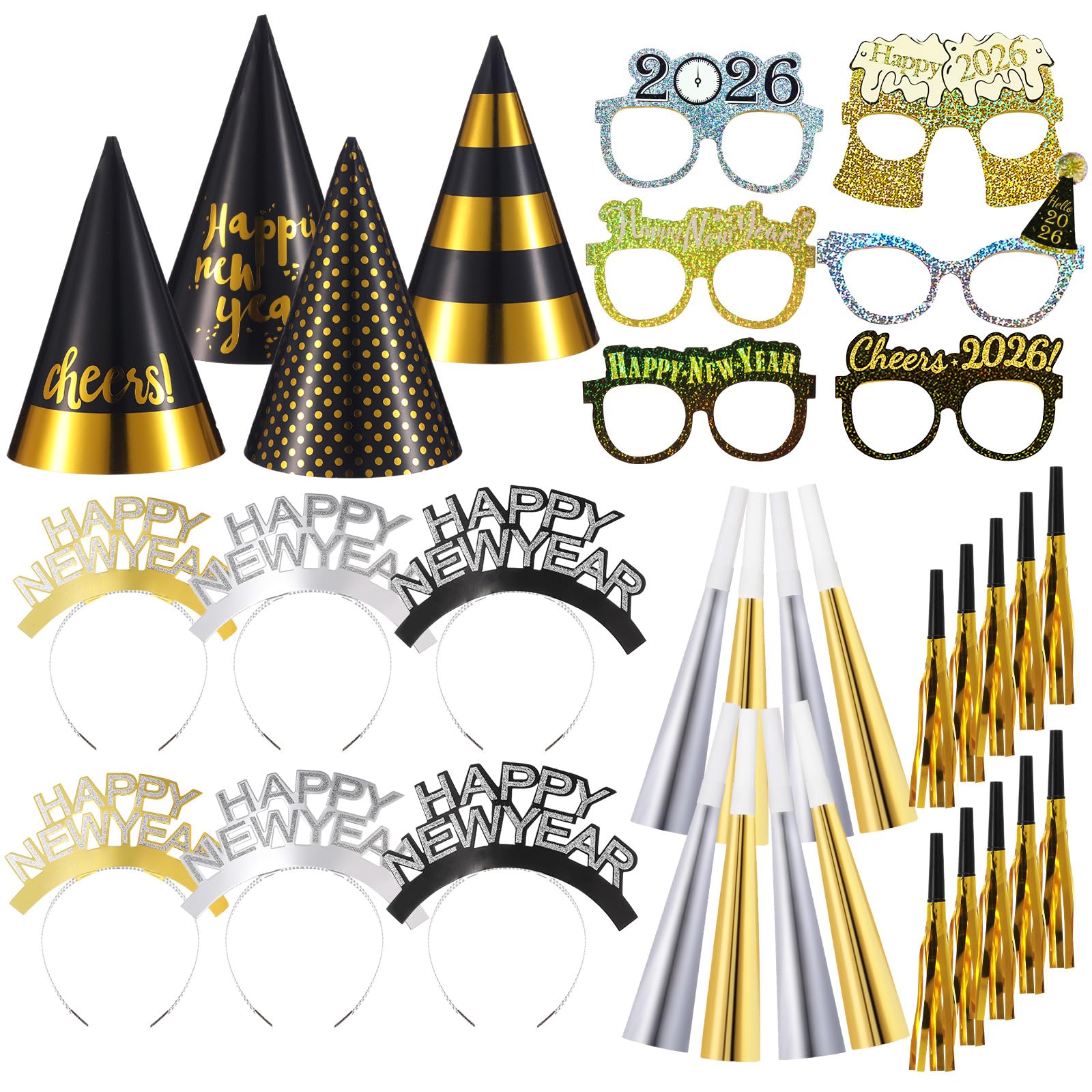 Sratte 36 piezas de suministros de fiesta de Año Nuevo 2025, 4 sombreros de colores, 6 lentes, 6 tiaras superiores, 8 cuernos que soplan, 12 squawkers para fiesta (elegante)
