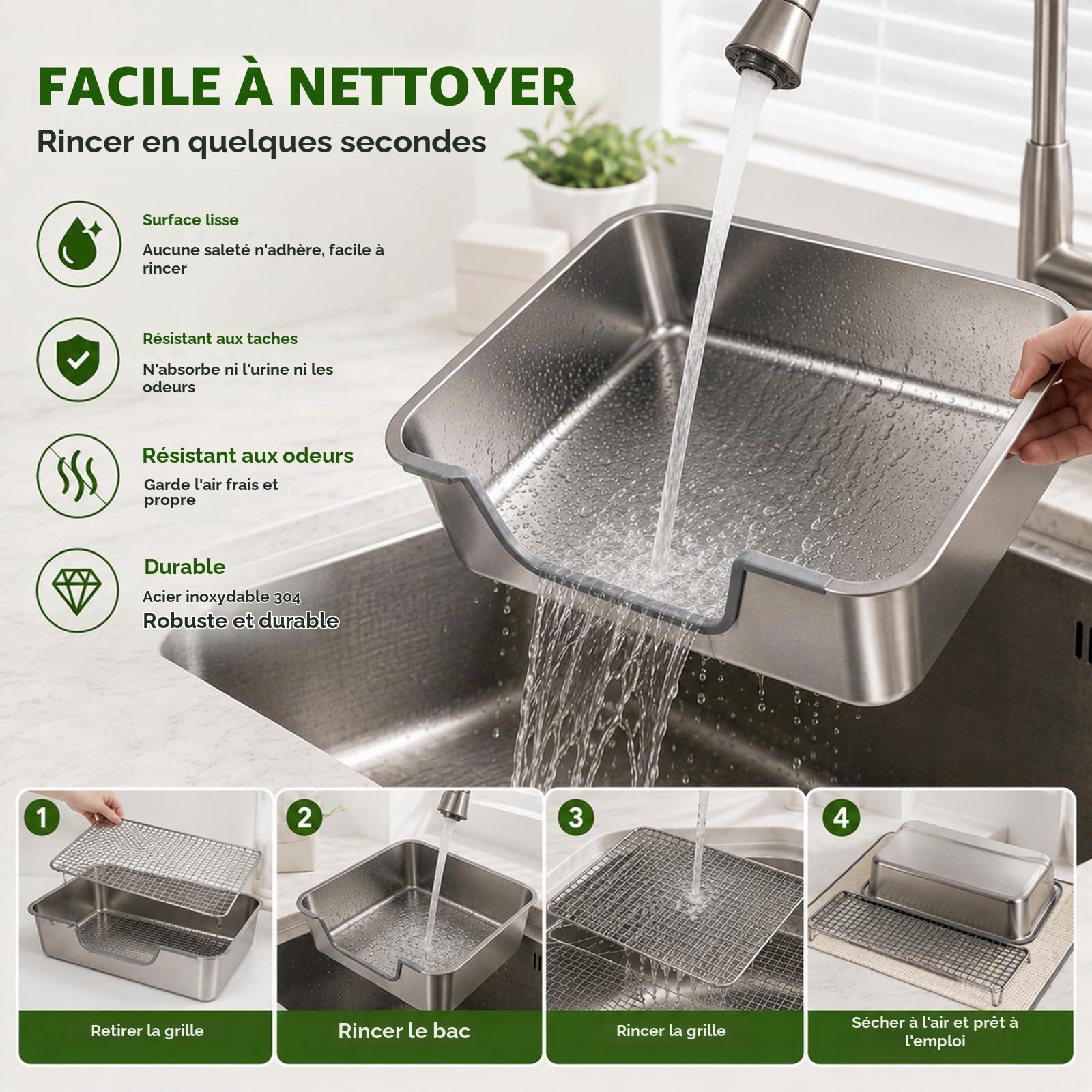 HYLYUN Bac à Litière Lapin en Acier Inoxydable avec Grille, 40x30x15 cm