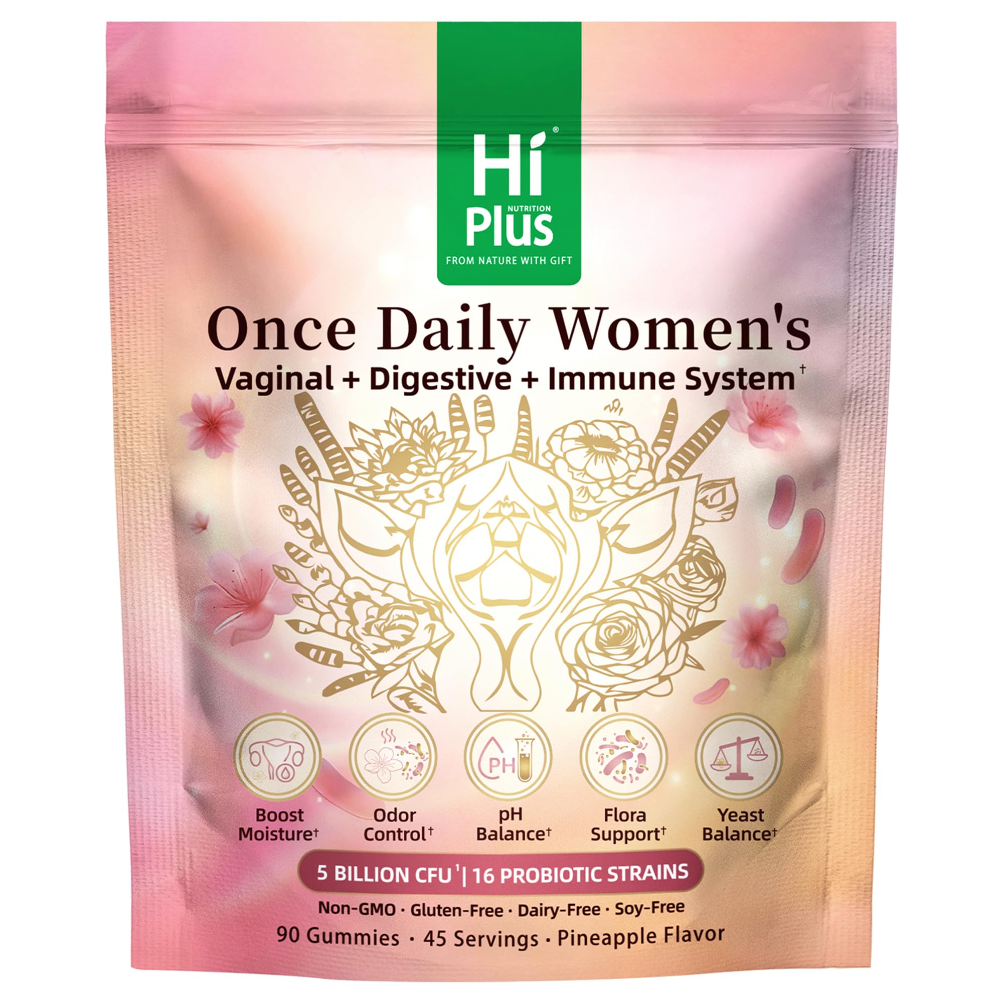 Once Daily Women's Probiotics Gummies | 50 Billion CFU, 16 Strains | Supports Vaginal Health, pH Balance, Digestive, & Immune System | Non-GMO, Gluten-Free | 90 Count (45 Servings)