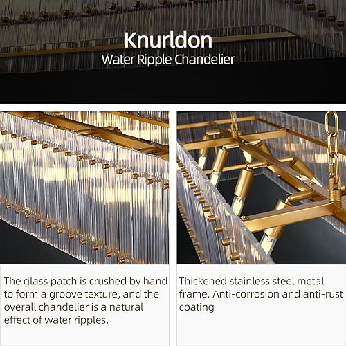 Miniatura 7 de Candelabro moderno de cristal dorado, candelabros de 55 pulgadas para comedor, lámpara rectangular de vidrio ondulado de agua, lámpara ajustable