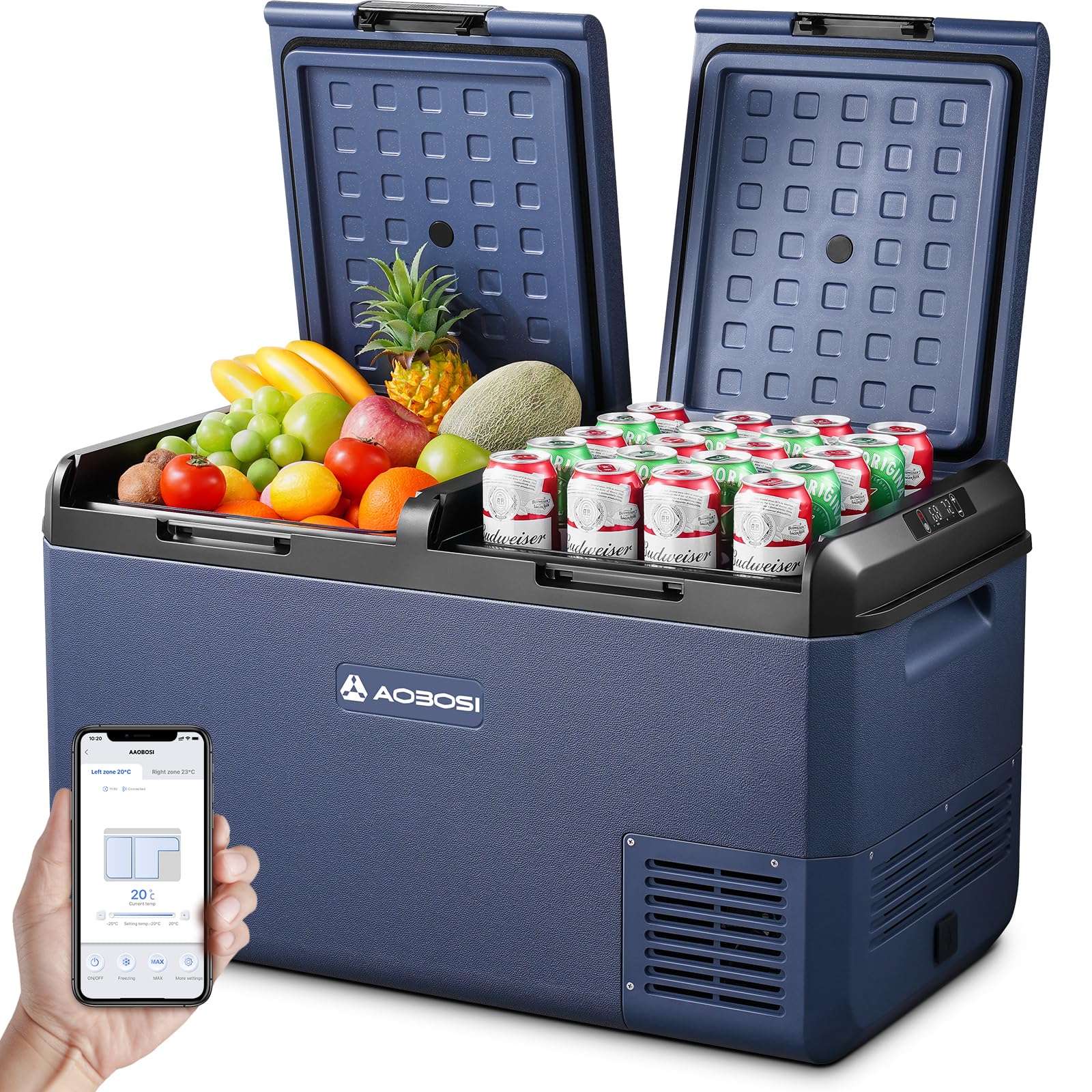 AAOBOSI Kompressor Kühlbox 75L, Kühlbox Elektrisch Dual Zone mit APP Steuerung, IPX4 Wasserdicht, -20°C bis 20°C kühlbox 12V 230V – Ideal für Auto, LKW, Boot, Camping, Fischen & Outdoor-Aktivitäten