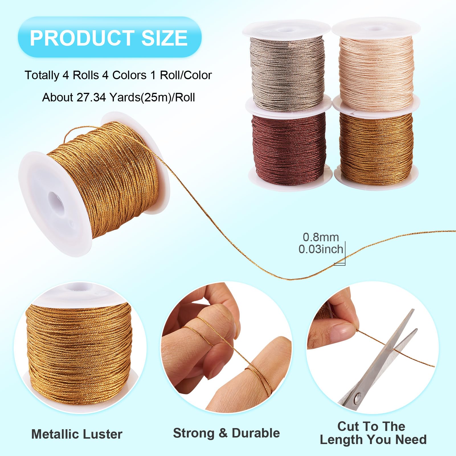 Spritewelry 4 Rolls 0.8mm Round Metallic Cord Beading String Threads Polyester Braided Cord for DIY Chinese Knotting Macrame Bracelet Necklace Jewelry Making - Image 3