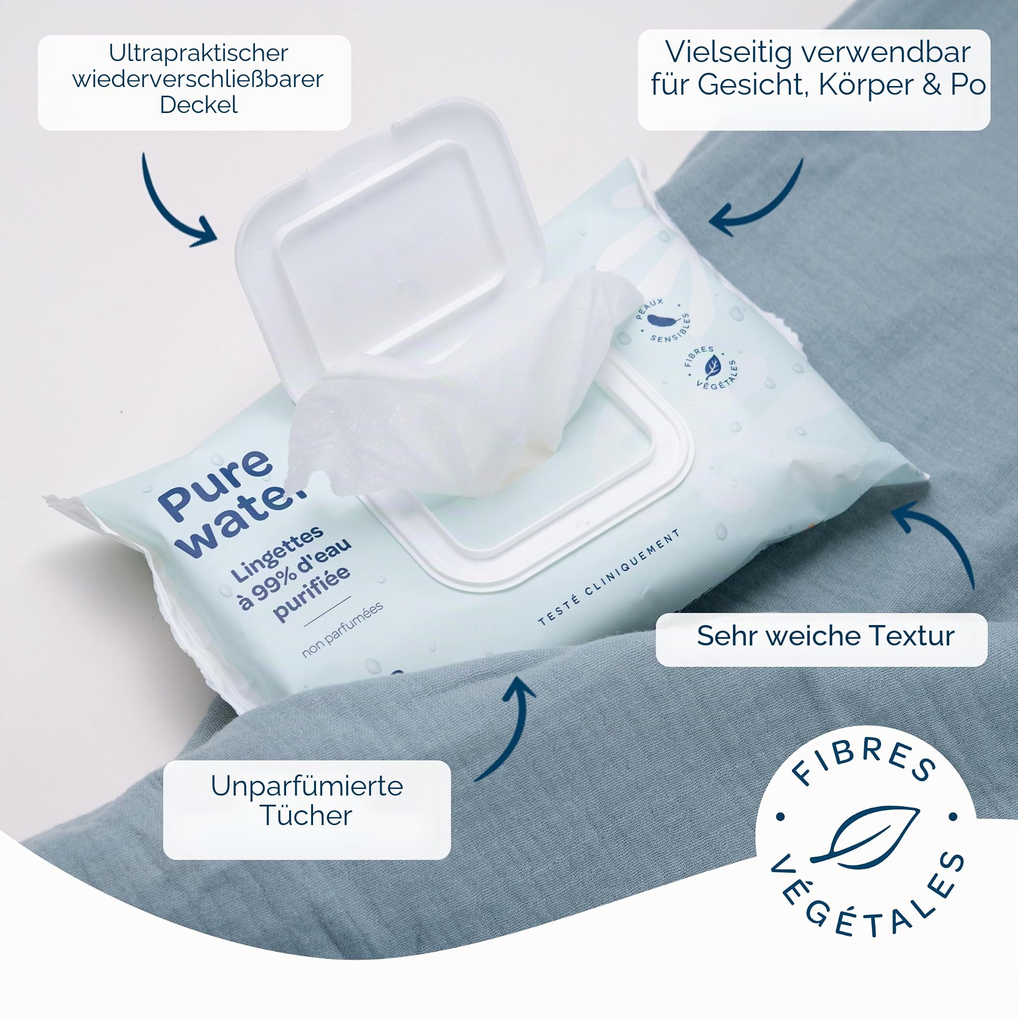 BIOLANE - Baby-Feuchttücher mit 99,9% Wasser - Pure Water - Packung mit 12 x 48 (576 Feuchttücher) - Für empfindliche Haut - Ab der Geburt - Duftfrei - Wechseln und Reinigungspflege
