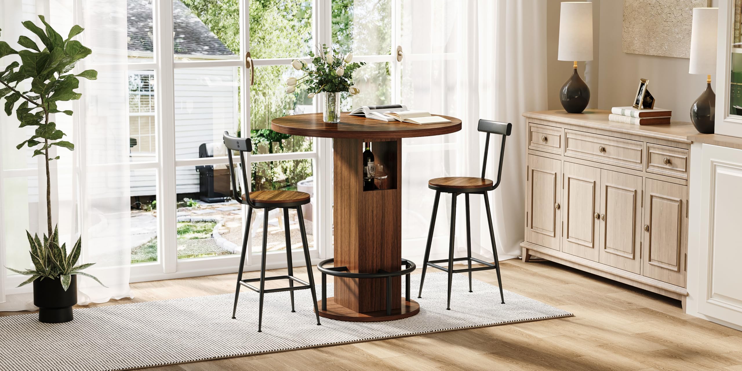 Set Tavolo da Bar con 2 Sgabelli in Legno e Acciaio, Cucina, Noce, 3 Pezzi