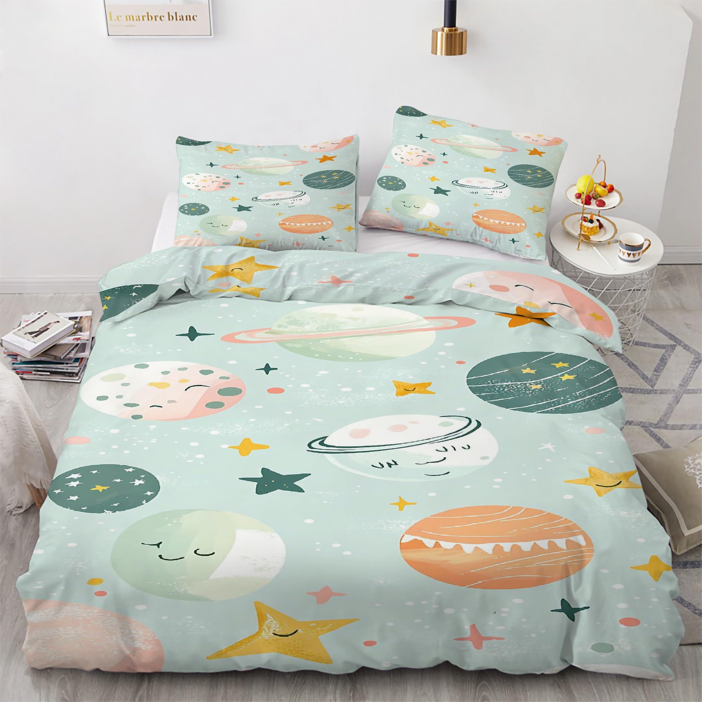Housse de couette 160x200 espace univers parure de lit galaxie 3 pièces en microfibre zippée