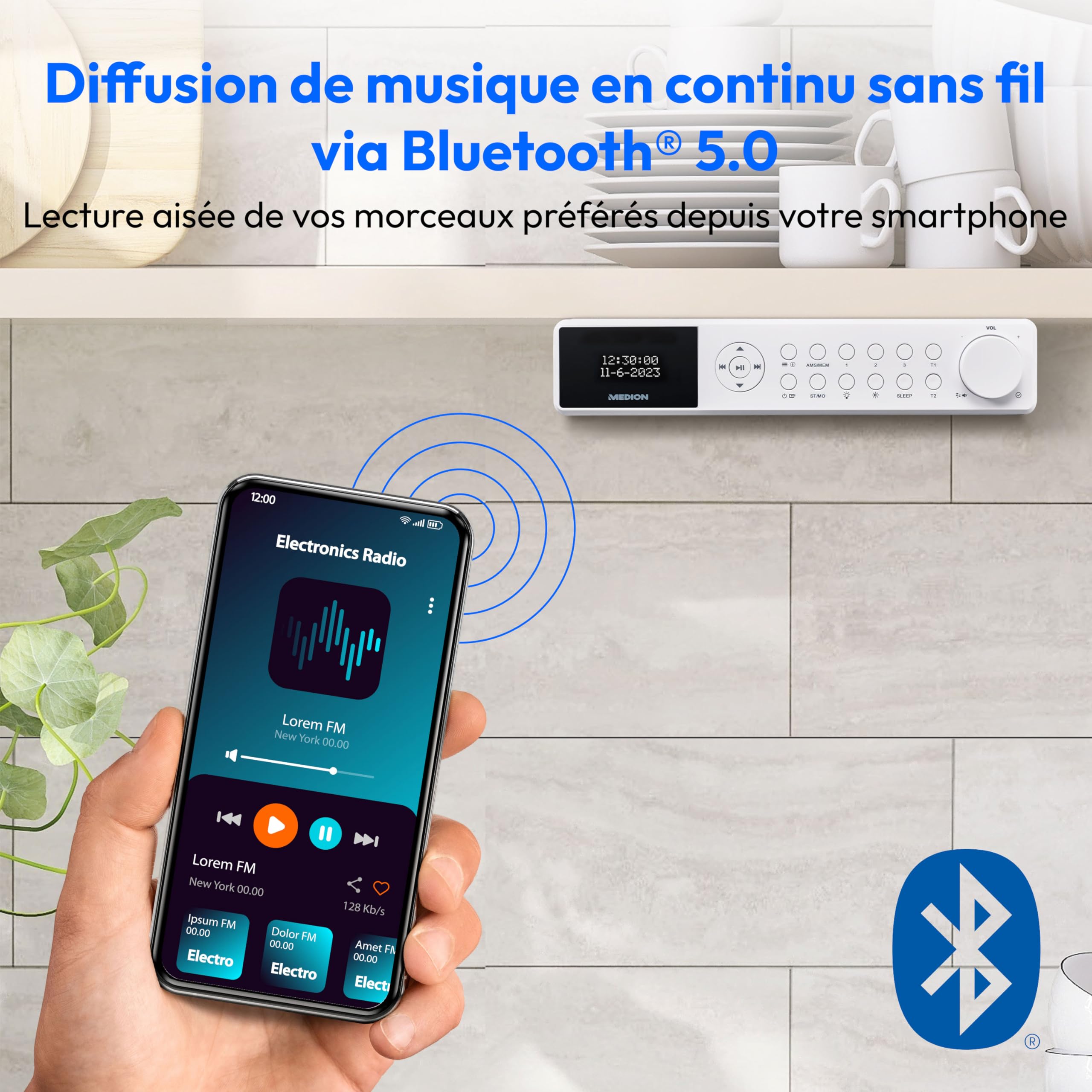 MEDION E6660 Radio de Cuisine (Dab+ Radio de Cuisine, PLL Radio FM, Bluetooth, LED Barre de lumière, sous Le comptoir, Cuisson minuterie, Affichage de l'heure) Blanc ;