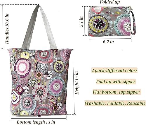 Miniatura 2 de NC - Bolsas grandes plegables, impermeables, ligeras, duraderas, reutilizables, resistentes, para compras diarias, estilo floral colorido con cierre