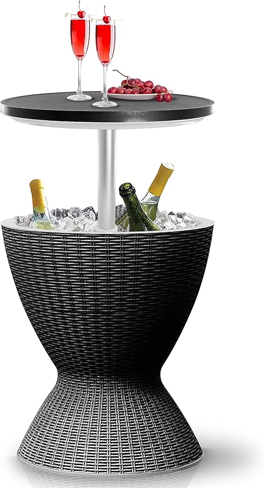 SereneLife Outdoor Cool Bar Table, 7.5 Gallon Beer and Wine Cooler, Patio Furniture & Hot Tub Side Table, Beverage Cooler, All-Weather Resistant Ice Cool Bar, Rattan Style Patio, Cocktail Bar (Black)