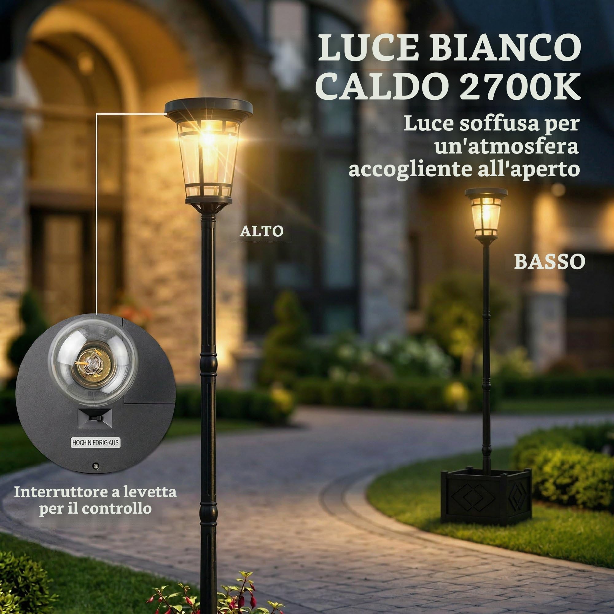 Outsunny Lanterna Solare Lampada da Terra con Vaso Fiori 195cm | Esterno, 2 livelli di luminosità, interruttore crepuscolare, IP44, lampada solare, per balcone giardino