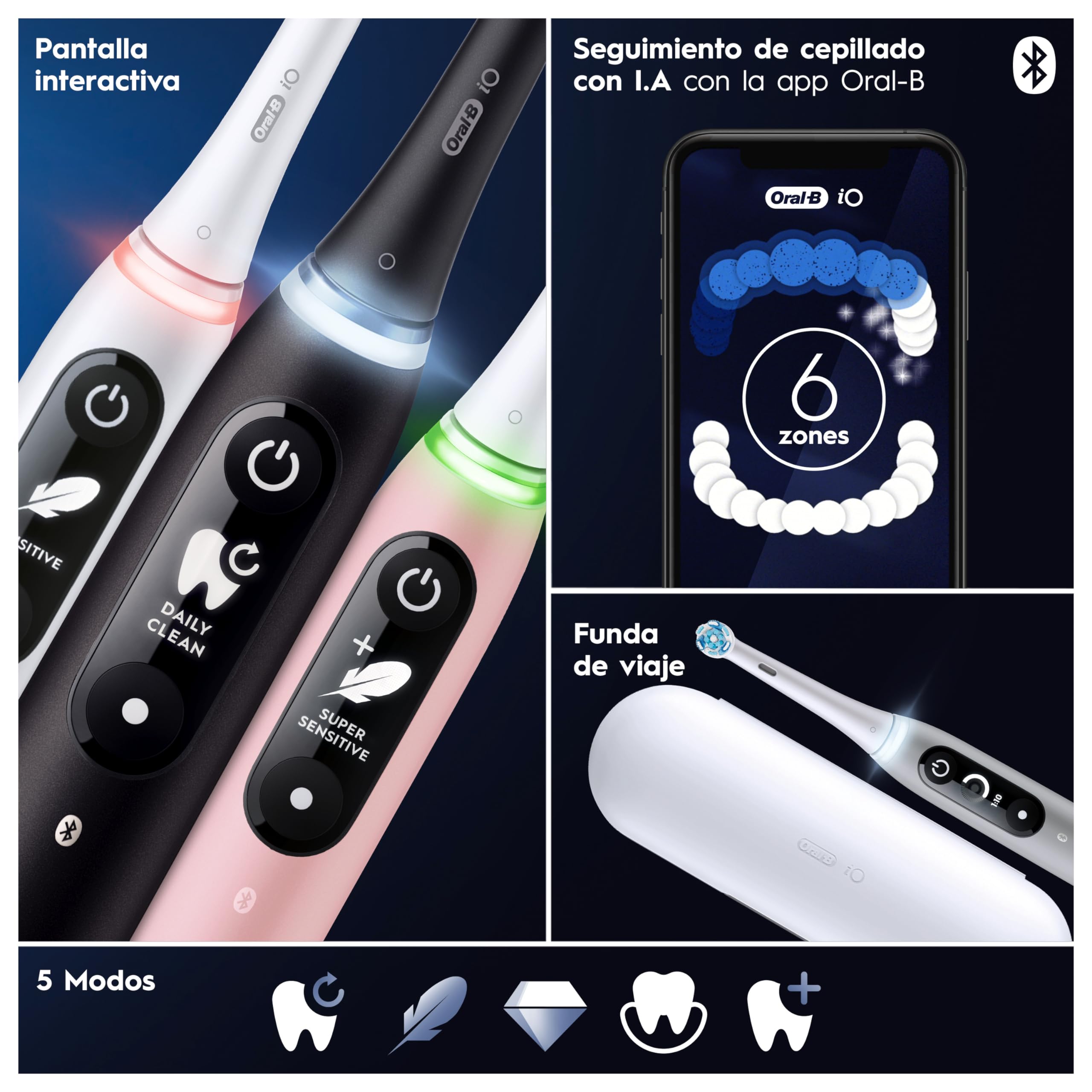 Oral-B iO 6N Cepillo de Dientes Eléctrico con 5 Cabezales, Negro | Cepillo Dental con Estuche de Viaje, Recambios Ultimate Clean, Portarrecambios, 5 Modos de Cepillado