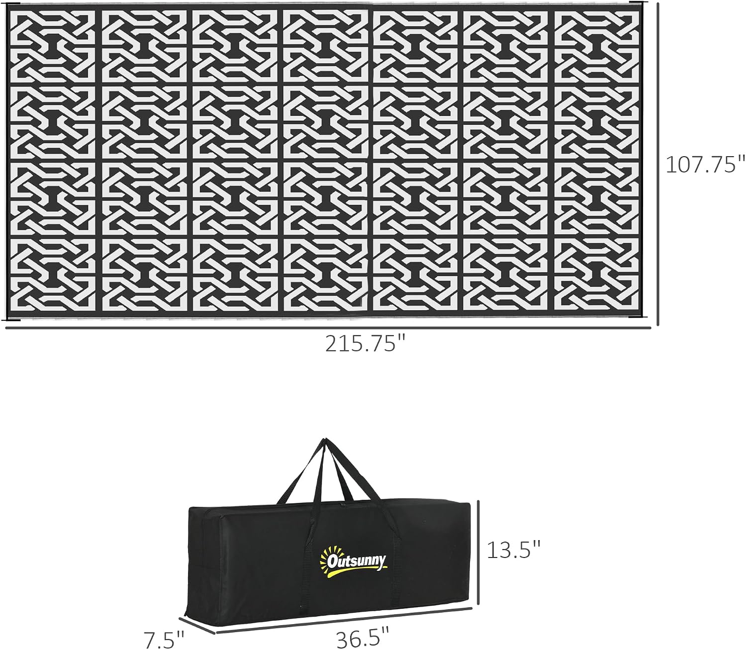 Outsunny Outdoor Rug for Patio, 9' x 18' Waterproof Large Mat, Reversible Plastic Straw Rug for Decor, Portable Outside RV Camping Area Carpet Mat for Backyard Porch Deck Picnic, Black & White Chain