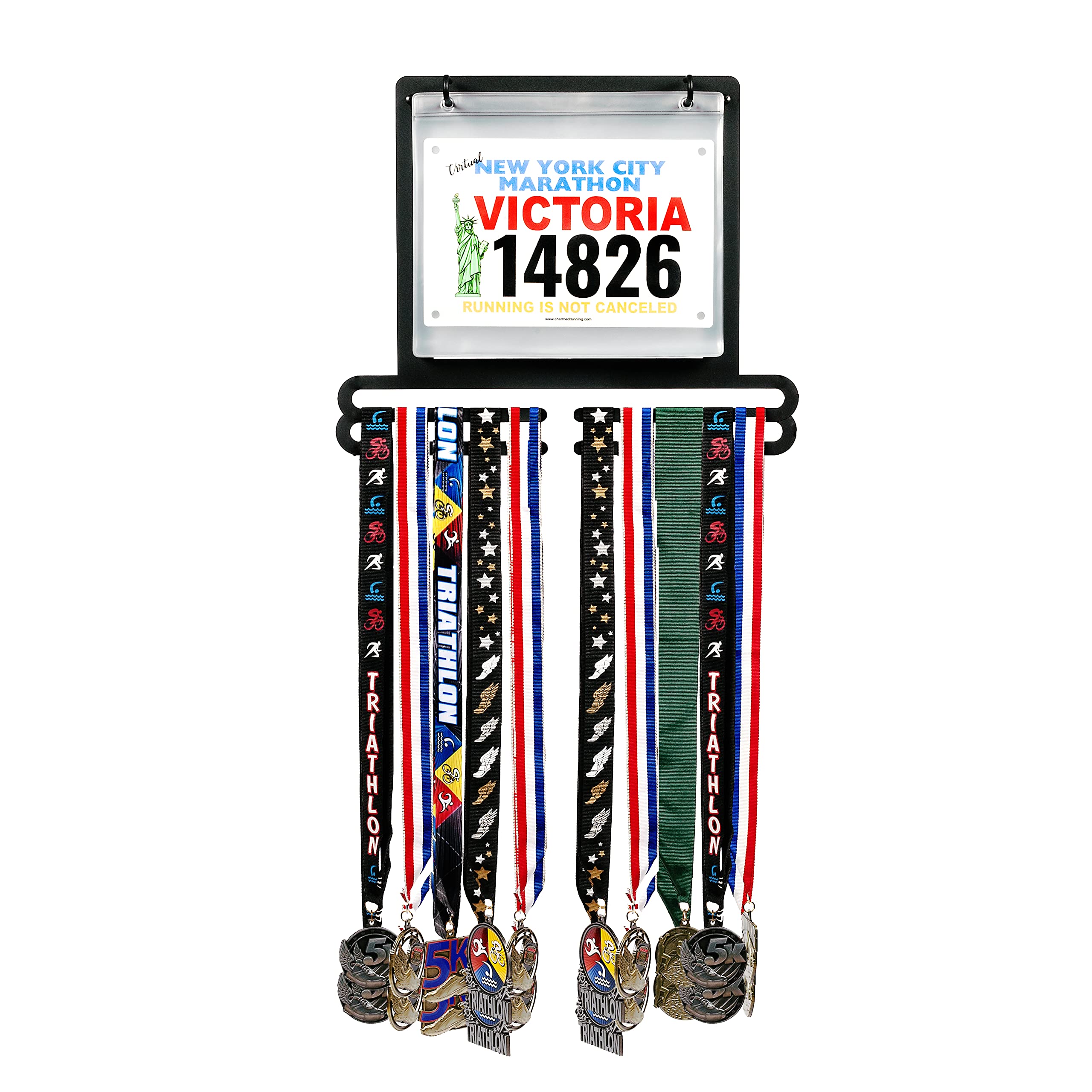 MedalAwardsRack Race Bib and Medal Display for Track, Marathons, Triathlons, Races, and More – Holds up to 28 Medal and 20 Race Bib
