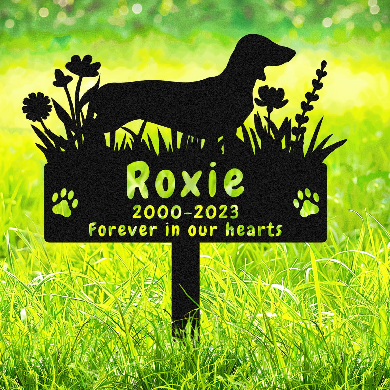 Adthyuxq Dachshund Custom Dog Memorial Grave Marker Metal Name Sign With Stake, Personalized Pet Memorial Stake Headstone, Customized Flowers Dog Memorial Plaque Burial Stake With Paws