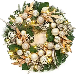 Pre-Lit Christmas Wreath for Front Door, 24 Inch Large Christmas Wreath with 20 LED Lights, Artificial Xmas Wreath with Gold Leaves, Balls and Ornaments for Fireplace, Outdoor, Window