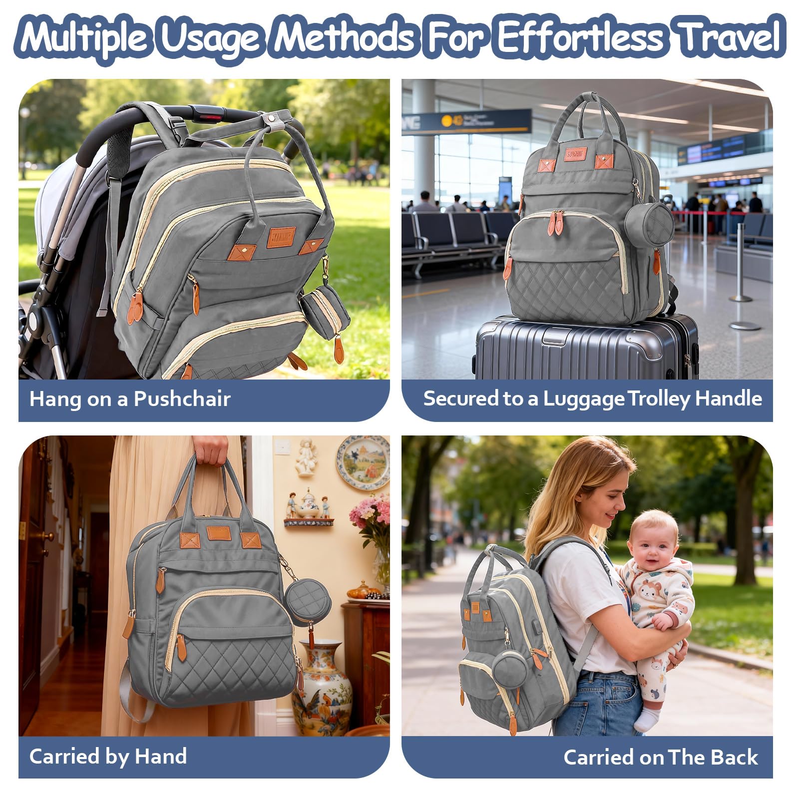 Wickeltasche Rucksack，Wickelrucksack Groß，Multifunktional Diaper Bag mit Mobiler Wickelauflage，Wasserdicht & Leicht，Faltbar Kinderbett，Kinderwagengurte,Babytasche。Baby Wickelrucksack Für Unterweg，Grau