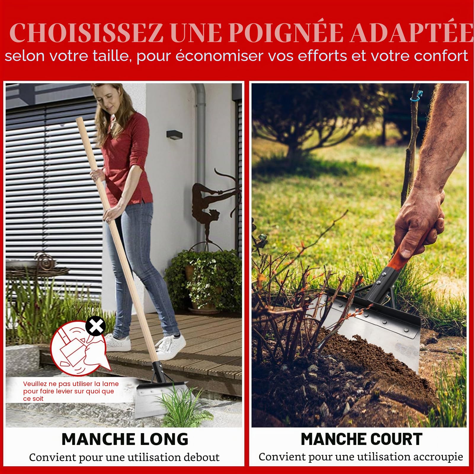 Kit de grattoir de jardin - Lame en acier inoxydable de 21 cm avec manche de 120 cm et gants à 3 sections - Éliminateur de mousse et de glace pour terrasse, allée et neige - Kit de pelle de jardin