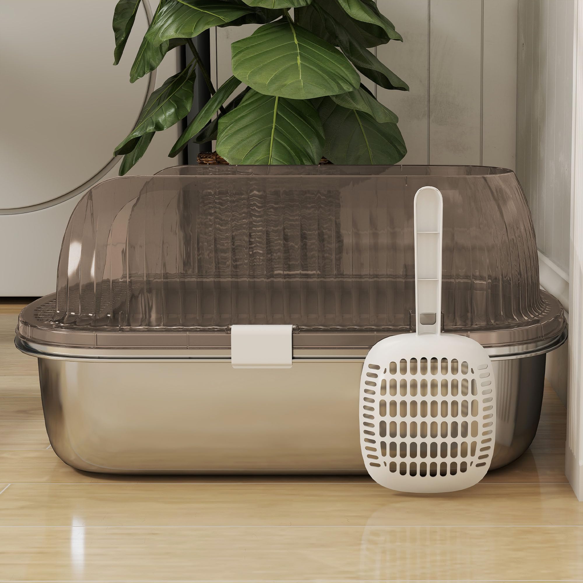 PawHut Arenero para Gatos Cubierto Extragrande Peldaño Pala Gris | Bandeja de Acero Inoxidable, Caja de Arena Cerrado, Bordes Altos, Zona para Caída de Arena, sin Olor, Fácil Limpieza