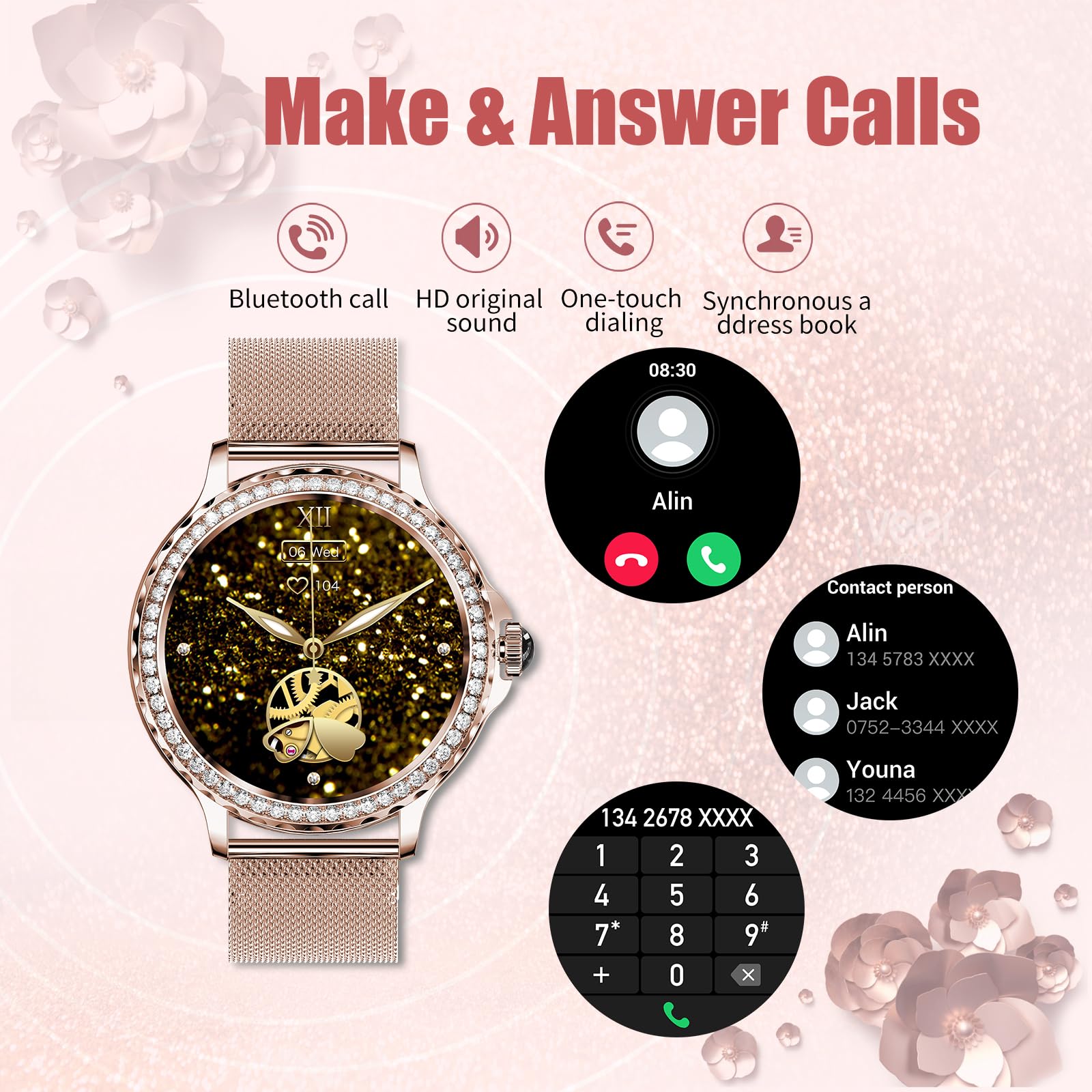 SoPrii Smartwatch Donna Chiamata Bluetooth e Risposta Vivavoce, Smart Watch da 1,3'' con 2 Cinturini, Orologio Fitness IP68 con Cardiofrequenzimetro, SpO2,Notifiche Messaggi per iOS Android (Rosa)