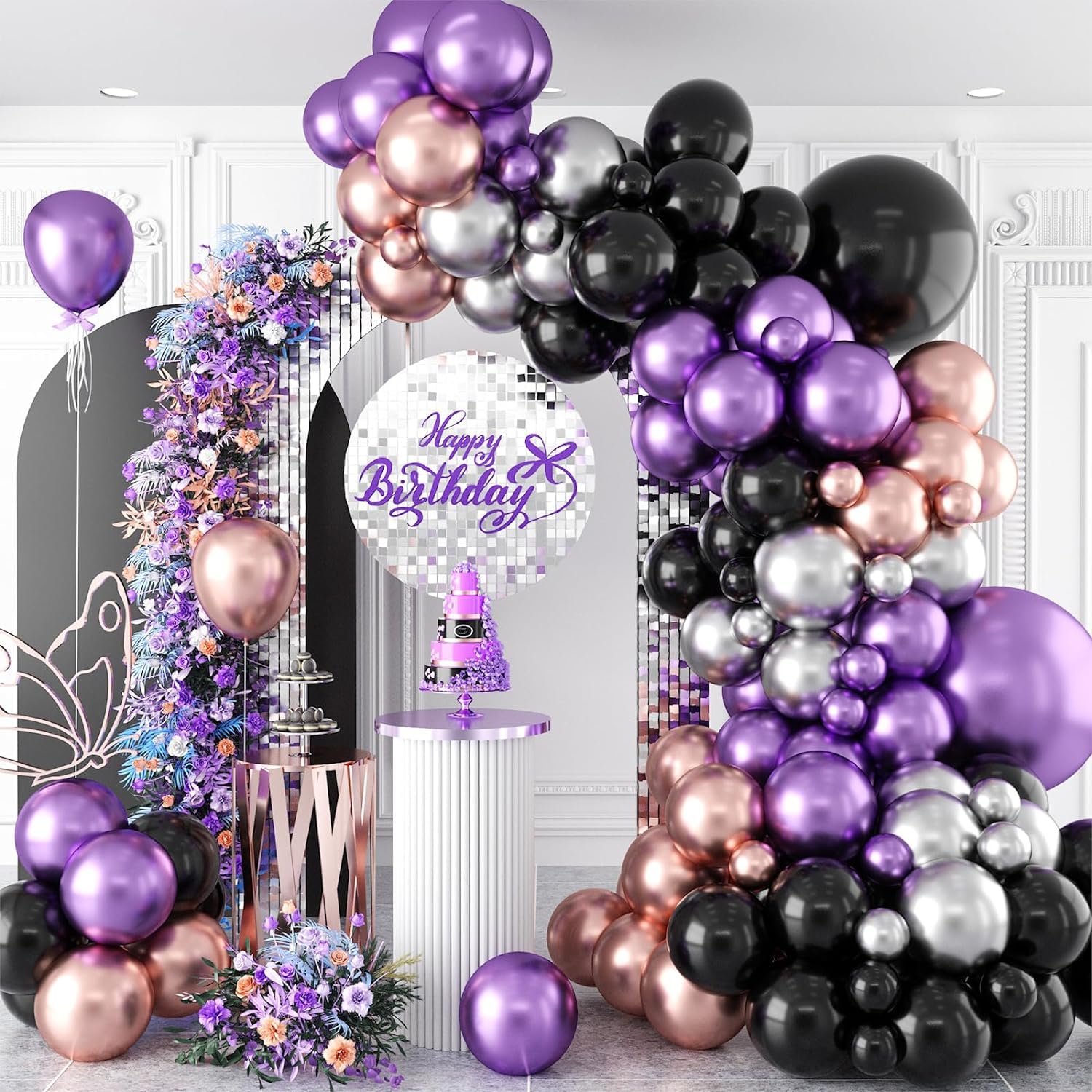 Flyloons 50 pcs Black Rose Gold Purple Silver Metallic Chrome Balloons for Birthday Decoration items celebration Anniversary Girls Boys Men Women-image-14