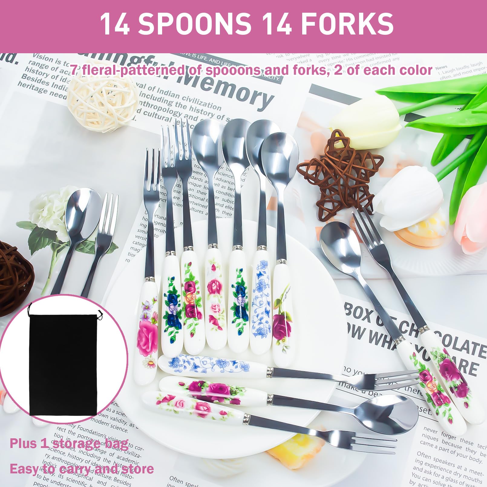 28 Pcs Dessert Forks and Spoons Silverware Set with Ceramic Handle — Amazon image 7