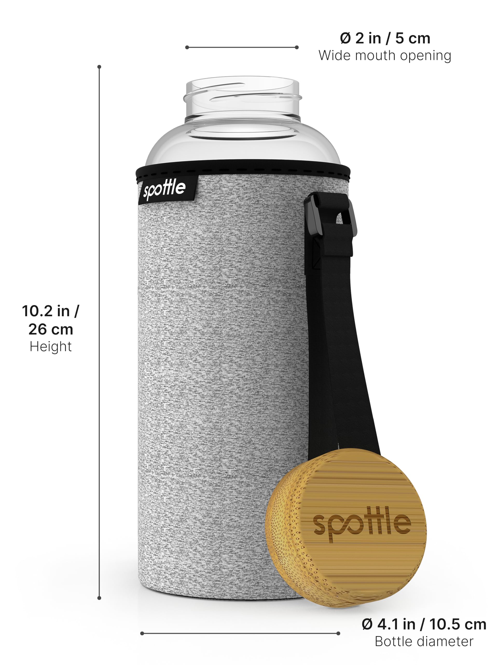 spottle Gourde Verre 1,5L – Bouteille en Verre Borosilicate Réutilisable Sans BPA, Étanche, Compatible Lave-Vaisselle avec Housse de Protection Gris