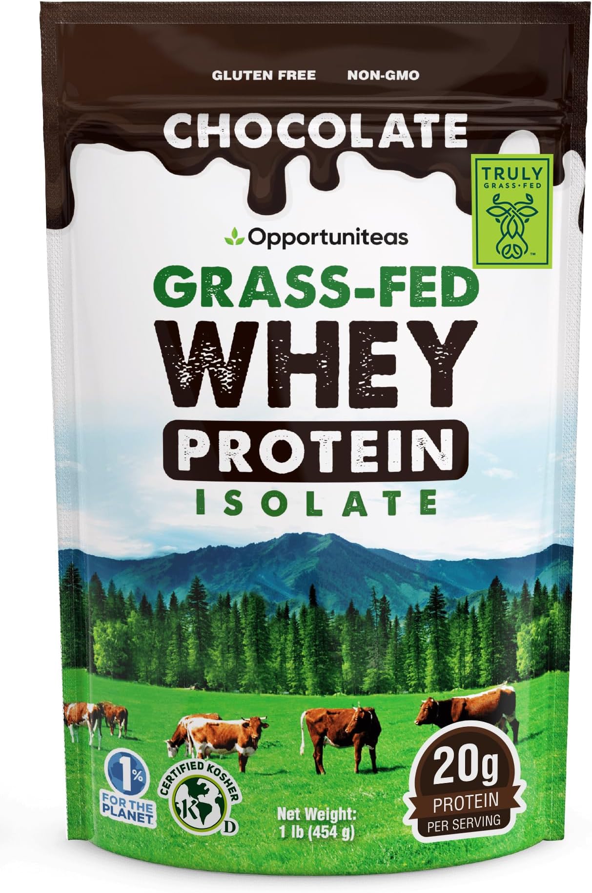 Opportuniteas Grass Fed Chocolate Whey Protein Isolate Powder - 20g Protein Powder Without Artificial Sweeteners, Hormone-Free Cows, Non GMO - 1lb