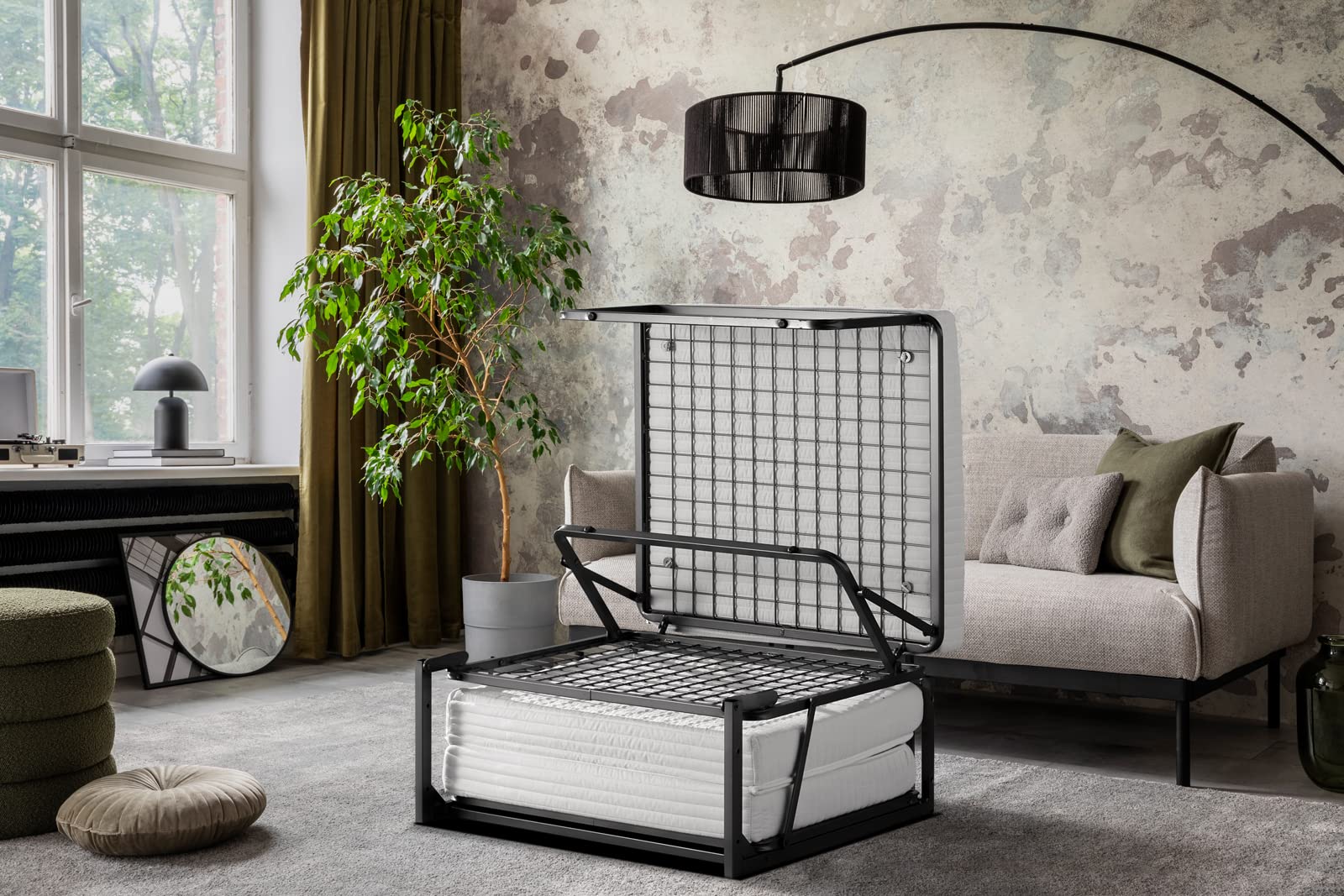 EVERGREENWEB - Pouf Letto Singolo con Materasso in Water Foam Alto 10 cm Salvaspazio Pieghevole per Camera, Cameretta o Soggiorno, Pouf poggiapiedi, Ottomano, Tessuto Sfoderabile e Lavabile Tortora