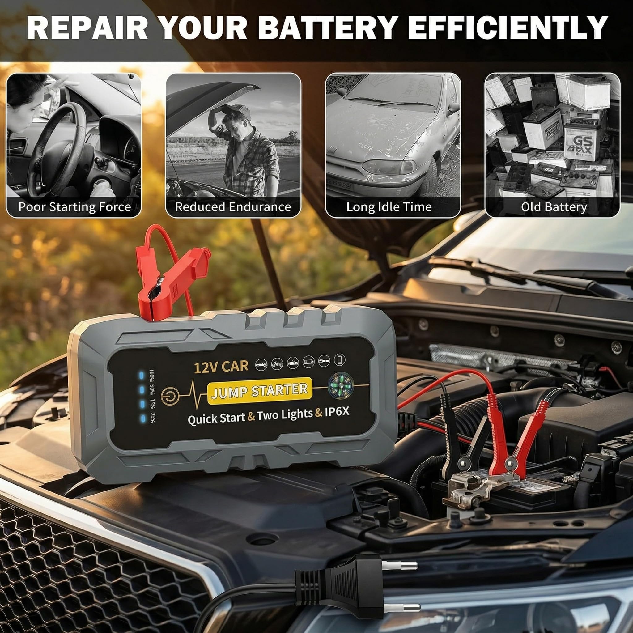 Avviatore per auto 3000A picco 2000A corrente di avviamento, Power bank portatile per batteria auto 12V per tutti i veicoli a benzina e diesel, con cavi booster intelligenti, torcia LED e porte USB
