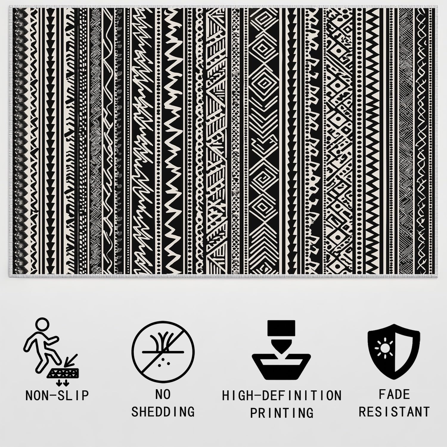 Tapis Bohème Rayé - Tapis Géométrique Tribal Chevron Diamant - Flanelle Doux Antidérapant à Poils Courts - pour Salon Chambre Cuisine Salle à Manger, Noir Blanc 120 x 180 cm