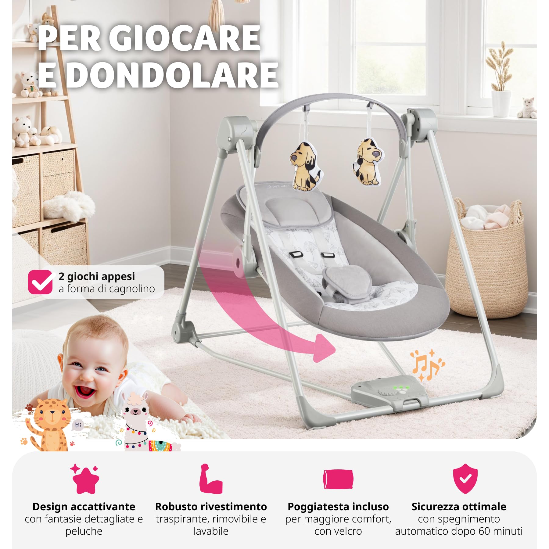 tectake® Dondolo Elettrico per Neonati, 5 Livelli di Velocità, Dondolo Bambini con Timer, Arco Giochi con Peluche, Dondolo per Bambini con Suoni Naturali Rilassanti - Grigio Chiaro