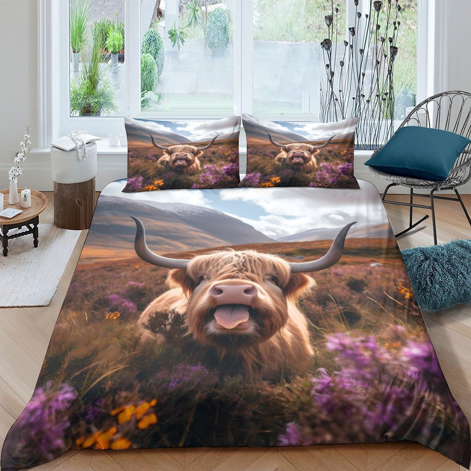 GPLZQXKJNH 3D Printed Highland Cow Meadow Duvet Cover Microfiber Soft Breathable Mountain Landscape Bedding Set with 2 Pillowcases for Bedroom Decor Single（135x200cm）