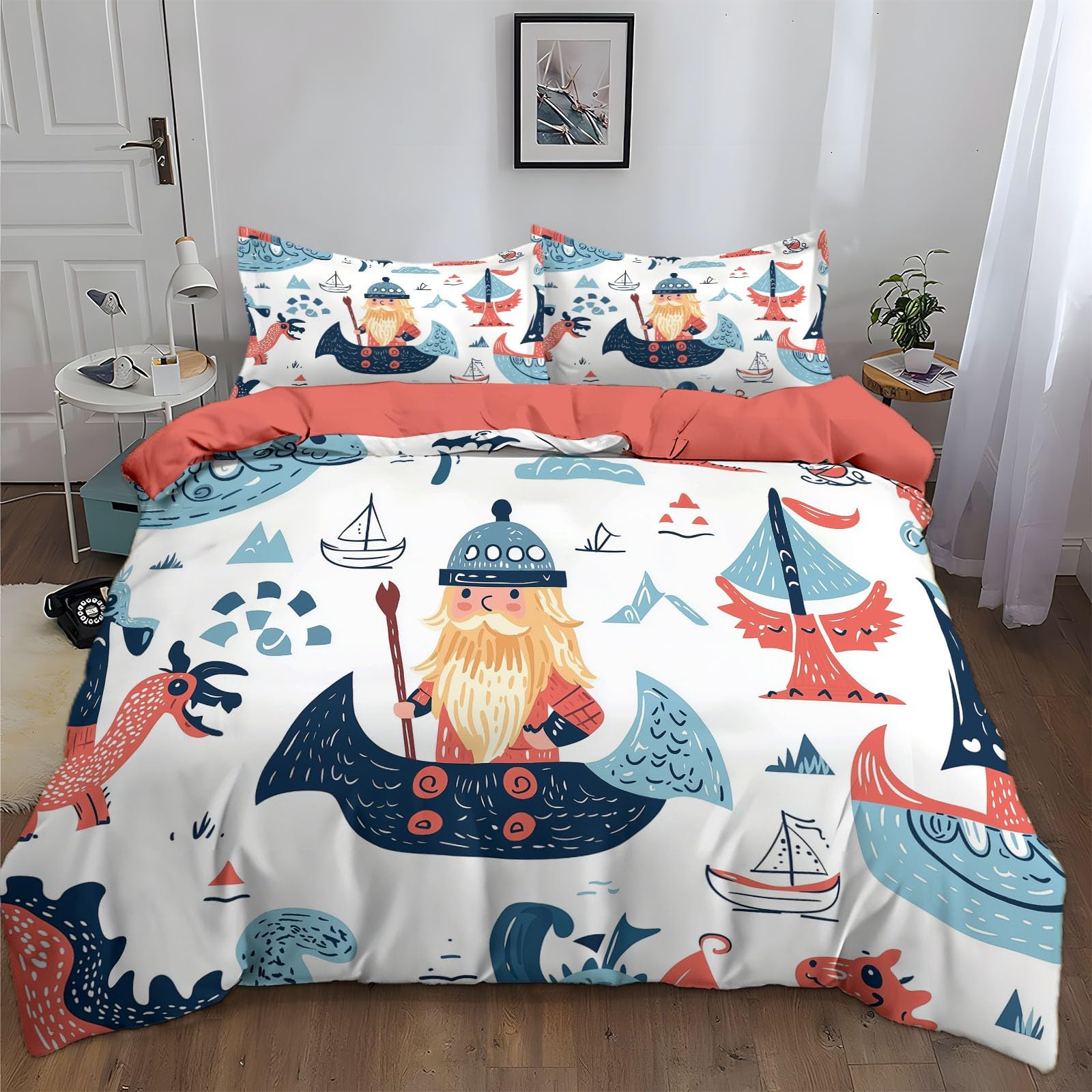 Pościel zestaw poszewek na kołdrę super king size 220 x 260 cm kreskówka postać wikingów łódź łatwa pielęgnacja poszewki na kołdrę miękka bawełna zestaw pościeli oddychające hipoalergiczne poszewki na